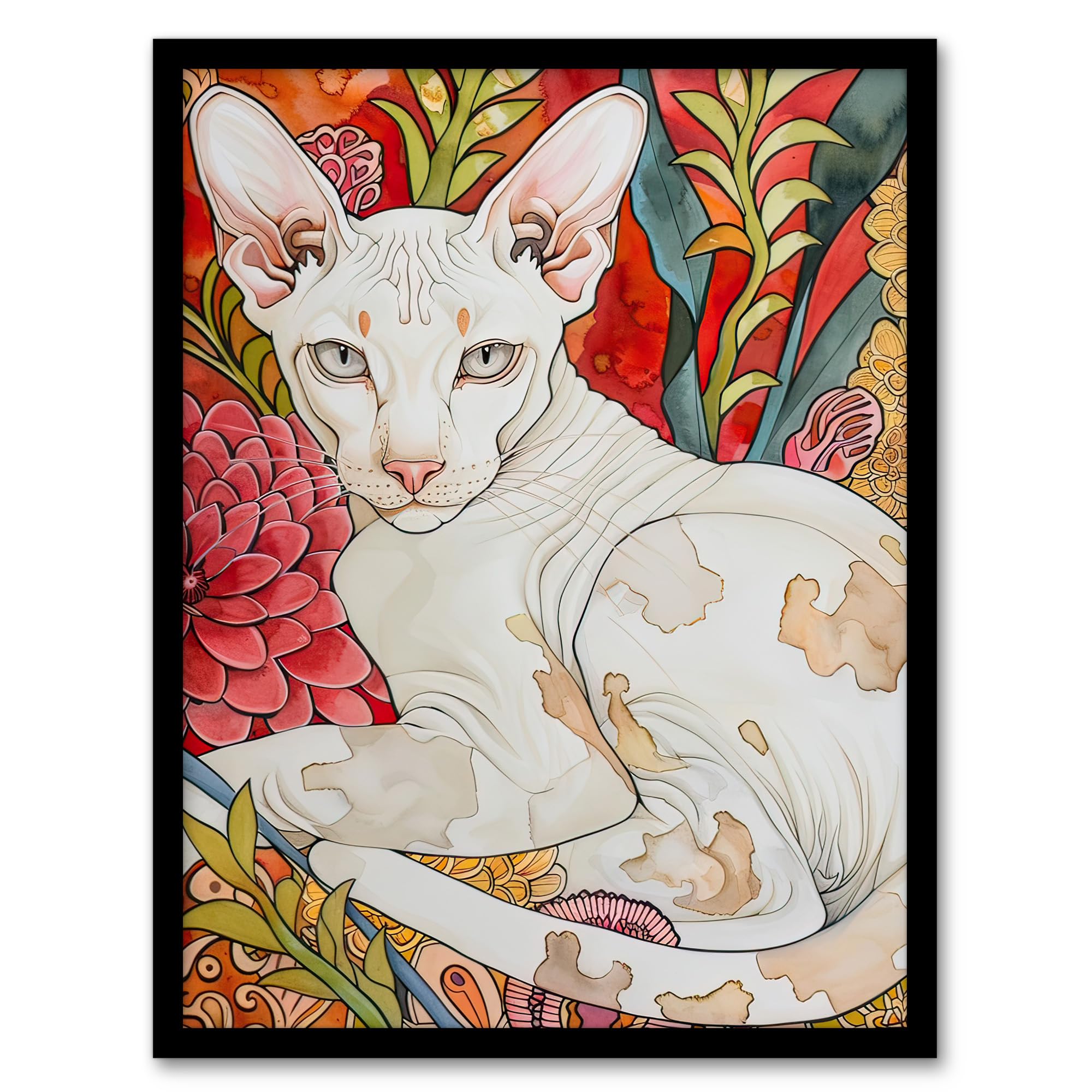 Artery8 Oriental Shorthair Cat in Abstract Flower Garden Living Room Artwork Framed Wall Art Print A4