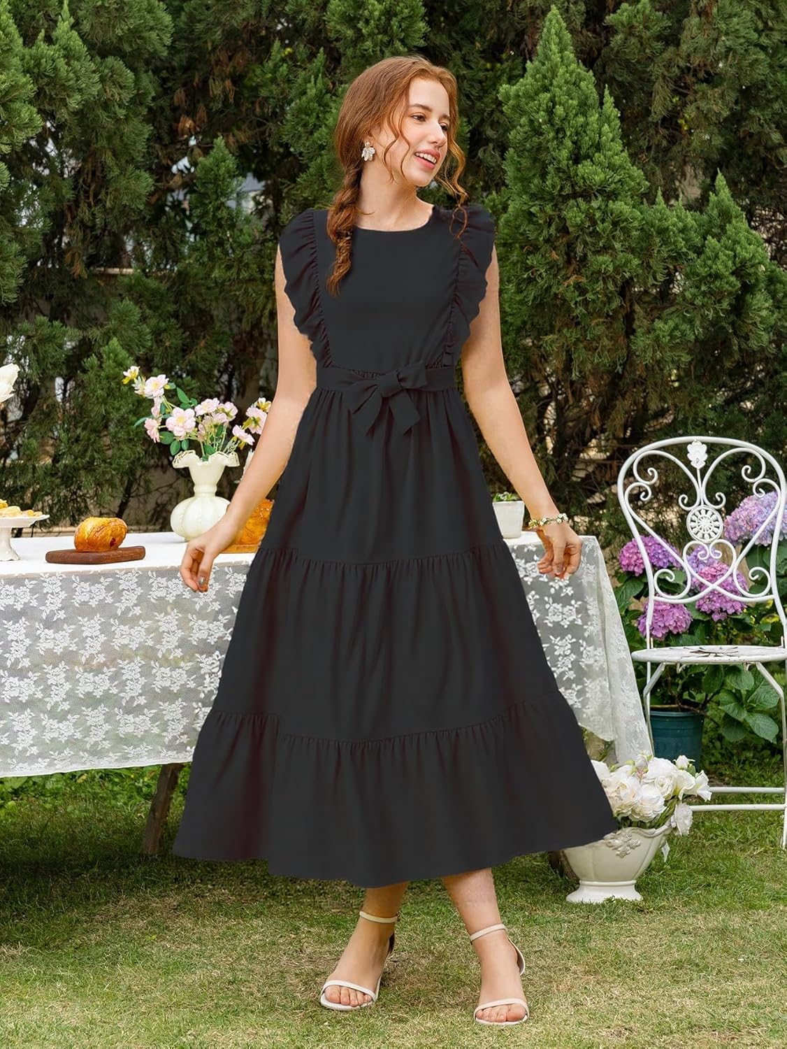 Girls Summer Dresses Ruffle Sleeve Dress A Line Swing Belted Casual Solid Color Party Dress 6-14 Years - Image 4