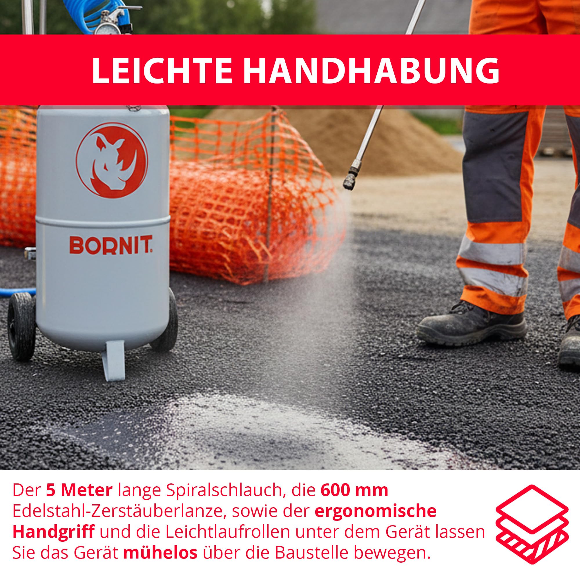 BORNIT Profi Haftkleber Spritze, Sprühen von Bitumenemulsion[ca.90m²/Fllg.] | 5m Spiralschlauch Sprühflasche groß Drucksprüher spritzen Pumpsprühflasche Tiefbau Pumpsprüher