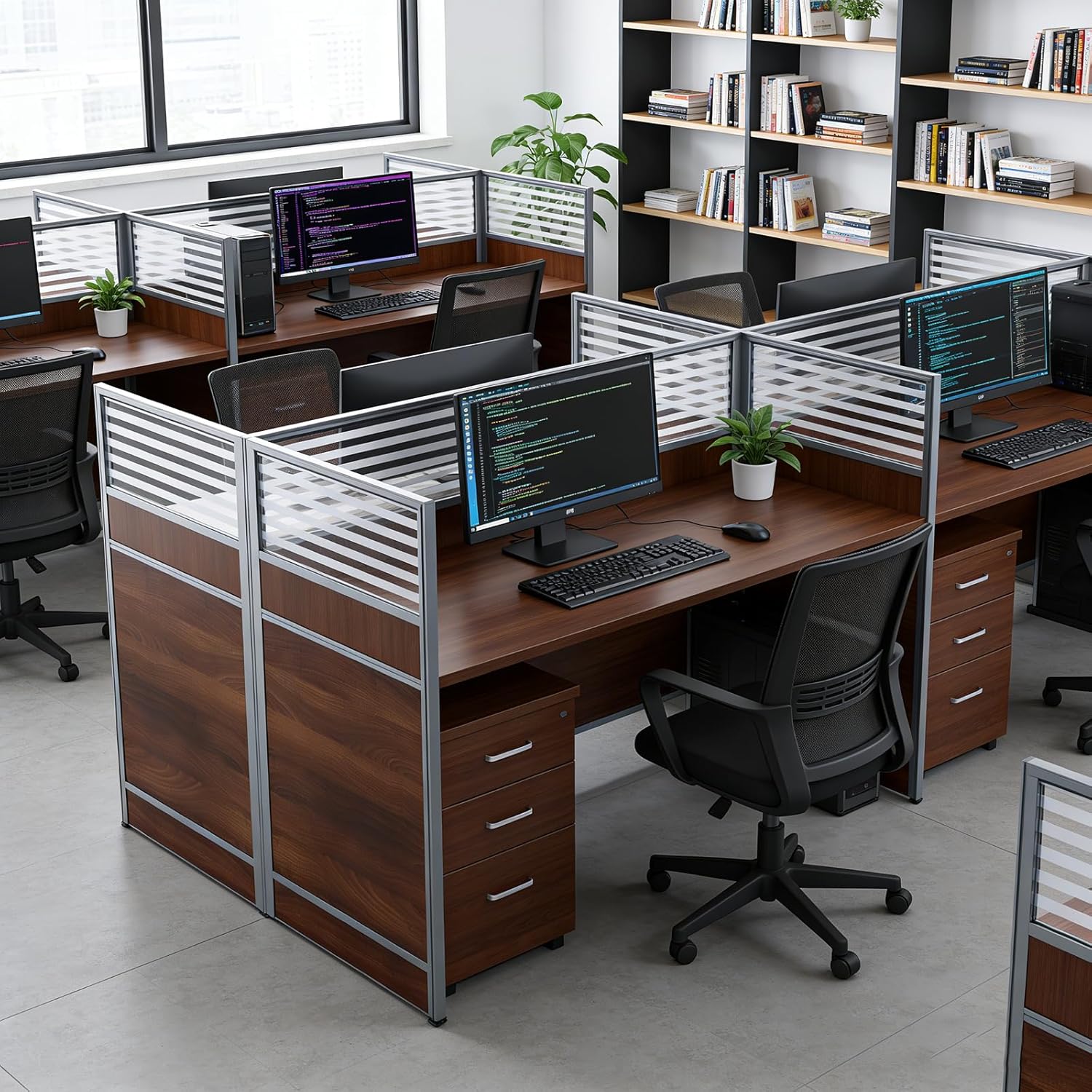 4 Person Office Cubicle Workstation Desk, 94.5" Large Computer Desk with Privacy Panels & Cable Management, Sound Dampening Partition Wall for Open Office, Call Center (Walnut, 94.5-A)