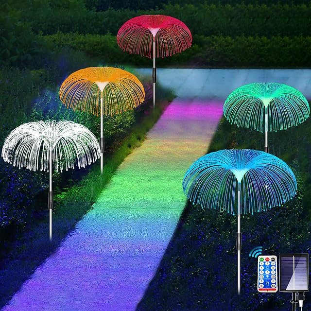 yowin Garden Ornaments 5 Pack Solar Garden Jellyfish Lights, 8 Modes Solar Firework Lights with Remote, Outdoor Waterproof Garden Decorative Lights for Pathway Backyard Party Decorations (Multicolor)