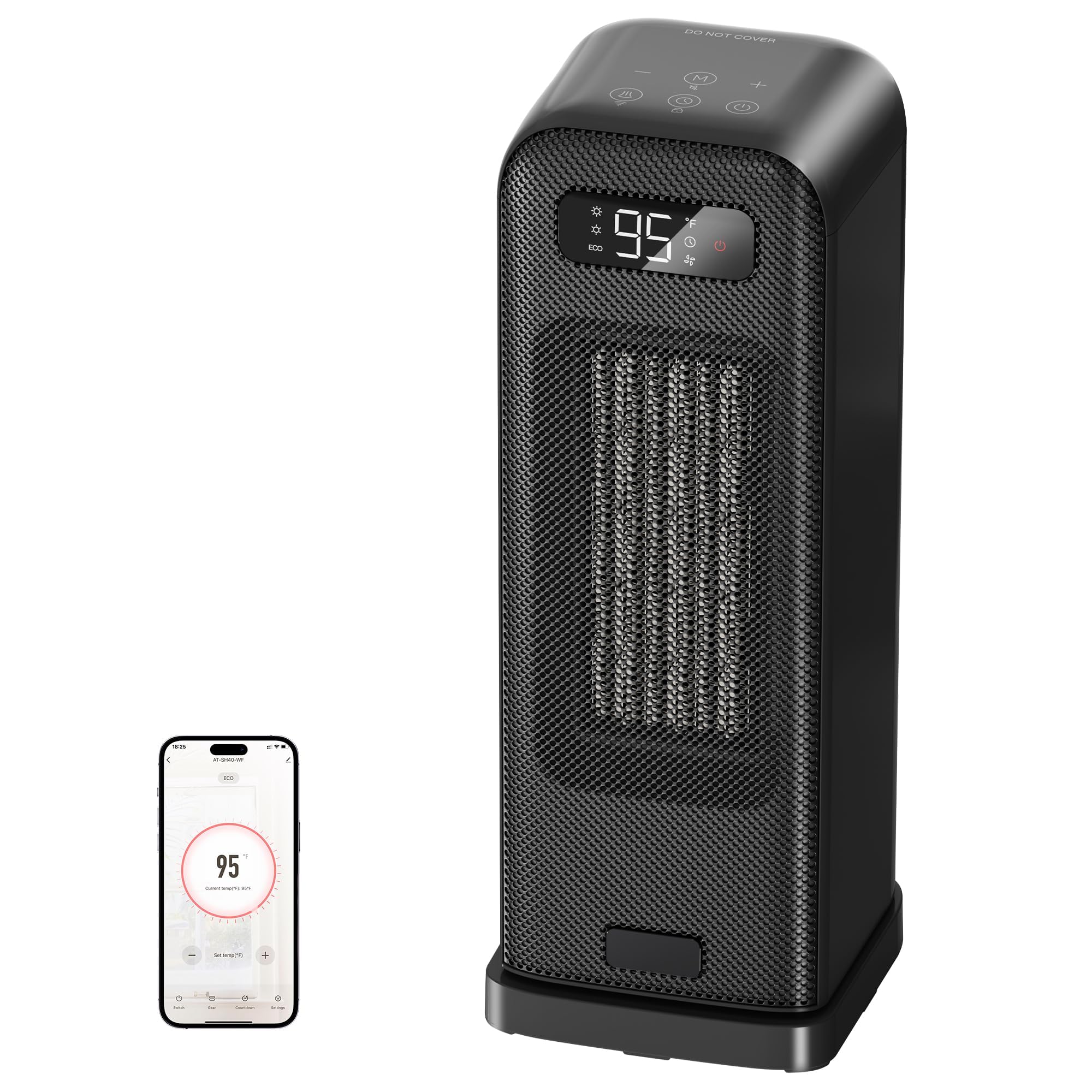 FLANUR Calentador de espacio para recámara, calentador eléctrico inteligente con WiFi y control de voz, temporizador de 12 horas, 4 modos, termostato, calentador de cerámica PTC de 1500 W, calefacción