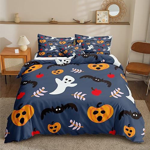 Miniatura 10 de Pumpkin Bedding Halloween Duvet Cover Set Funny Evil Pumpkin Pattern Design Black Halloween Bedding Set Queen 1 Duvet Cover 2 Pillowcases