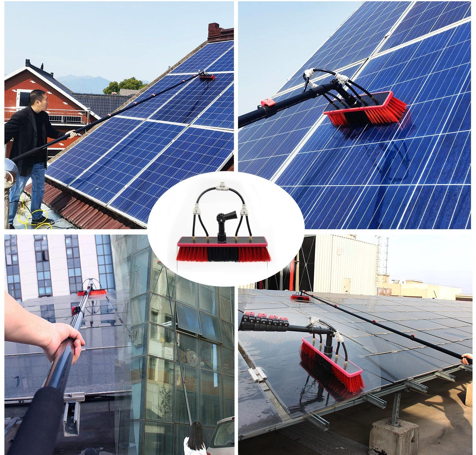 Cepillo telescópico, Cepillo para Limpieza de Paneles solares y Mango Extensible, Kit de Limpieza de Ventanas, Cepillo Extensible con Suministro de Agua, Herramientas de
