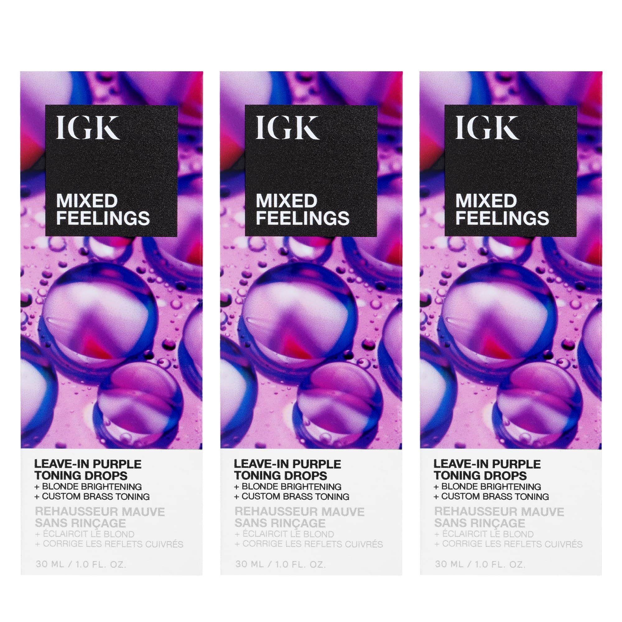 IGK Mixed Feelings Leave-In Blonde Toning Drops 3 pack – Customizable Purple Pigment for Neutralizing Brassiness in Blonde, Silver, and Violet Hair – Sulfate-Free, Paraben-Free