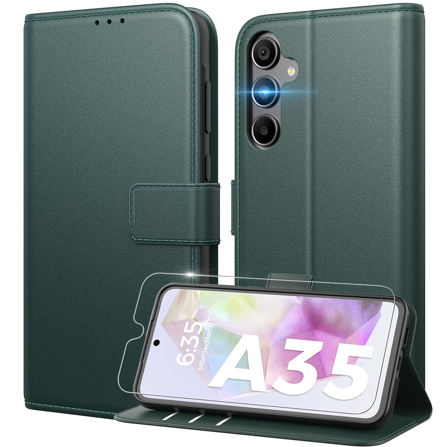 Peakally Cover per Samsung Galaxy A35 [Con 1 vetro protettivo] [Pelle PU di alta qualità] [Blocco RFID] [Slot per scheda] [Cavalletto] Custodia a libro con Galaxy A35 - (Verde scuro)