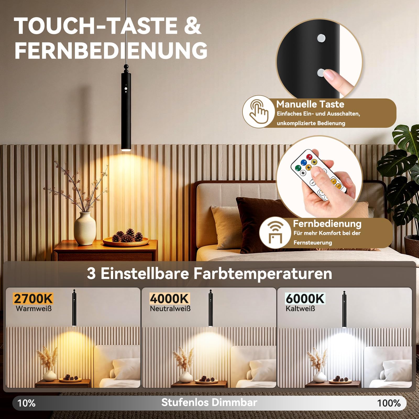 Akku Pendelleuchte 2er Set mit Fernbedienung, 8W LED Hängelampe, 5000mAh Pendellampe Akku Dimmbar 3 Farben, Timer 15-120min & Magnetisch Höhenverstellbar, für Küche, Esstisch, Wohnzimmer