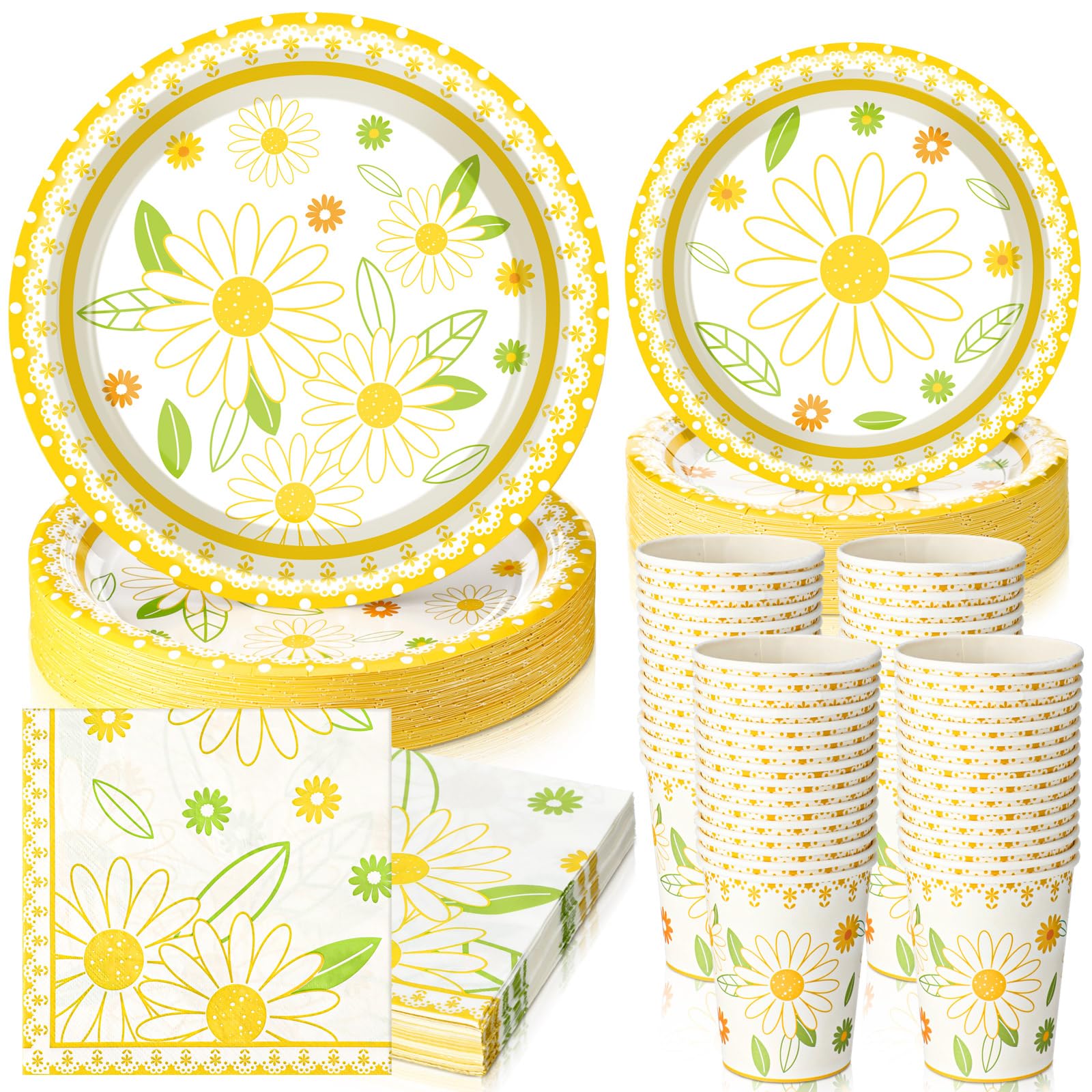 Irenare 200 Pcs Yellow Daisy Floral Party Plates Supplies - Disposable Dessert Paper Plates, Napkins, Cups - Birthday Decorations Dinnerware Set for