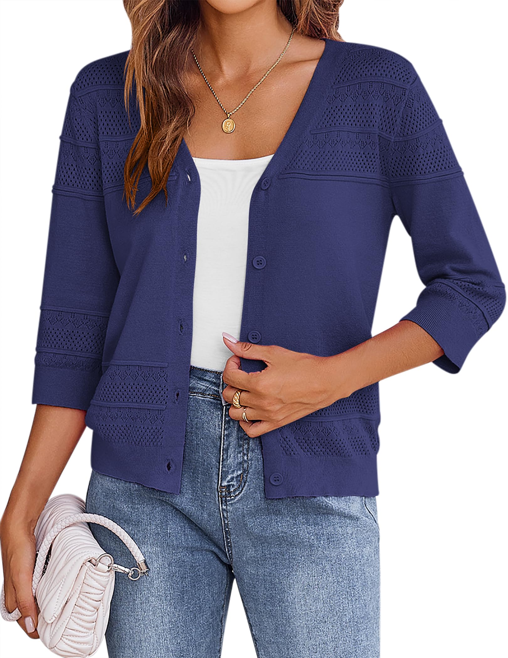 ZEAGOO Damen Bolero 3/4 Arm Strickjacke Kurz Sommer Leichter Cardigan Elegant Jäckchen Mit Knöpfen