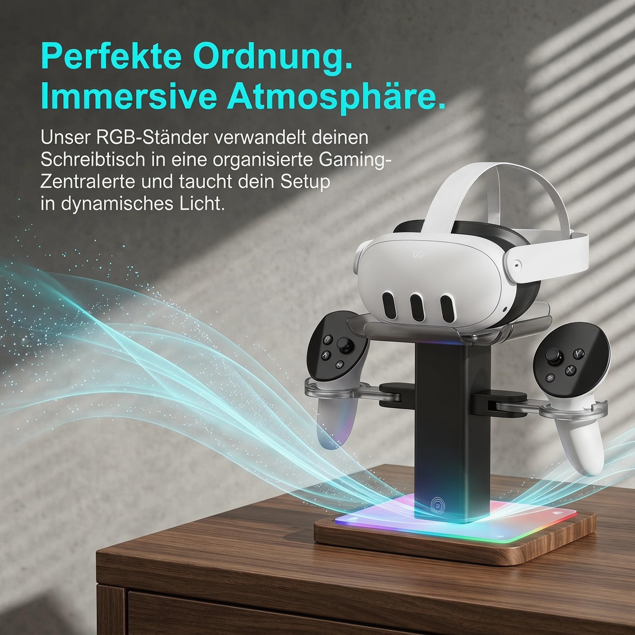 Ladegerät für Meta Quest 3S/Quest 3/Quest 2 Zubehör, Ladestation mit LED/RGB-Beleuchtung, für Controller und VR-Zubehör, Typ-C Ladeanschluss