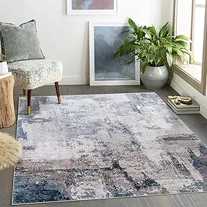 vivorug Washable Rug, Ultra Soft Area Rug 3x5, Non Slip Abstract Small Rug, Stain Resistant Rugs for Living Room Bedroom, Modern Fluffy (Gray/Navy, 3'x5')