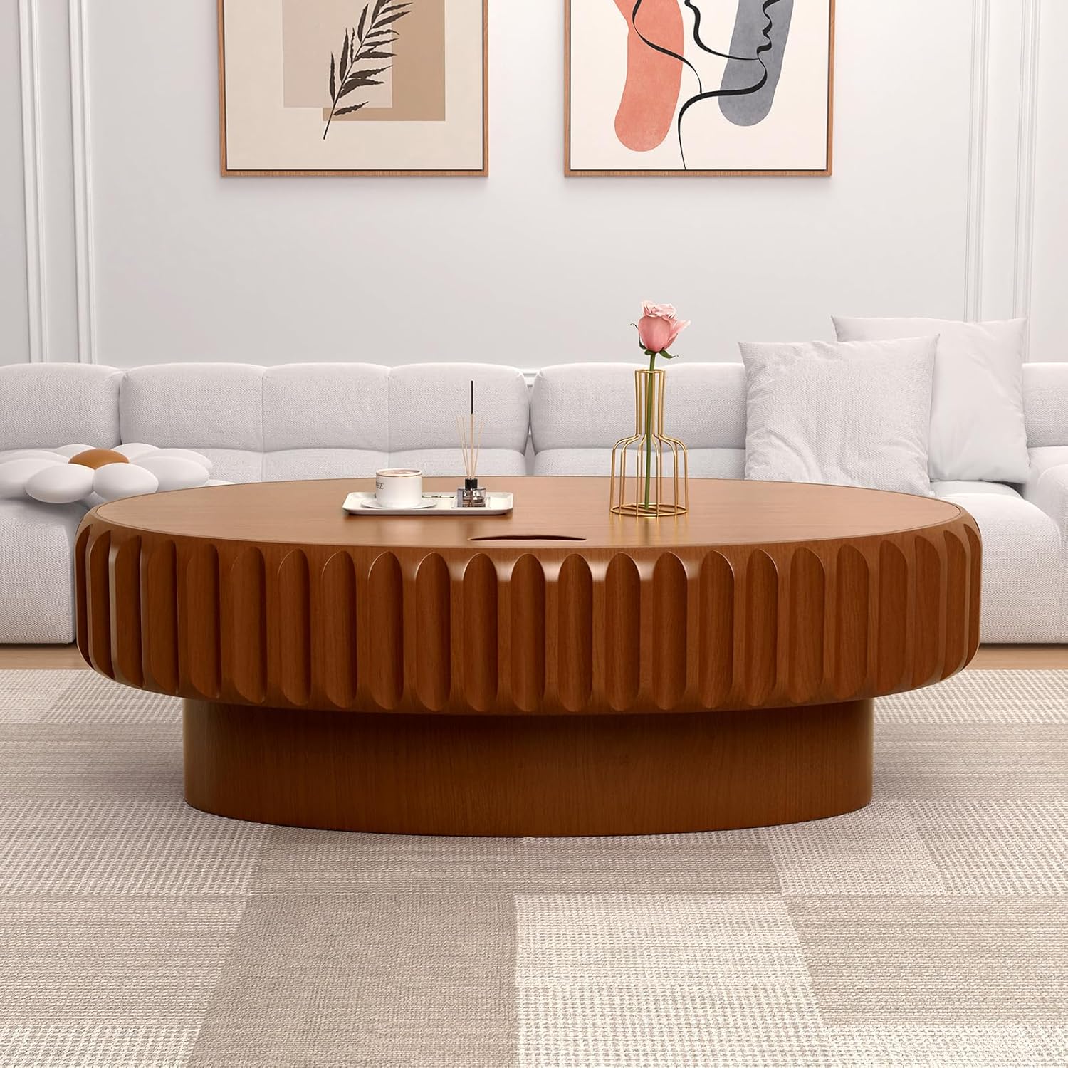 43.3'' Oval Coffee Table with Storage for Living Room Fluted Coffee Table Mid Century Modern Drum Wood Coffee Tables with Lid Sturdy Pedestal Center Tables for Apartment Easy Assembly Brown