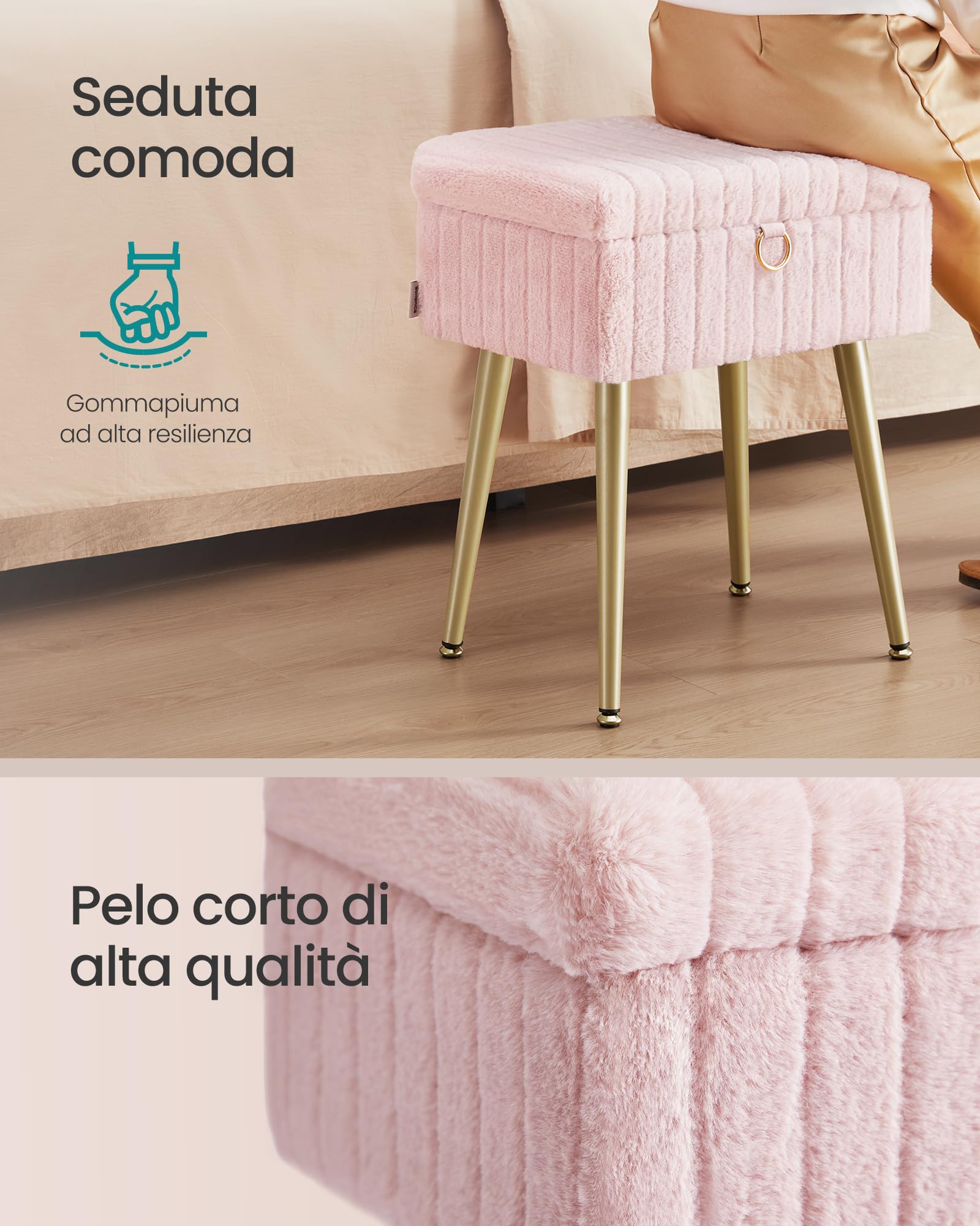 SONGMICS Sgabello da Trucco, Pouf Contenitore, Poggiapiedi, Gambe in Metallo, Imbottito, Piedini Regolabili, Soggiorno Camera da letto Cabina Armadio, Rosa Pastello LOM505SZ02