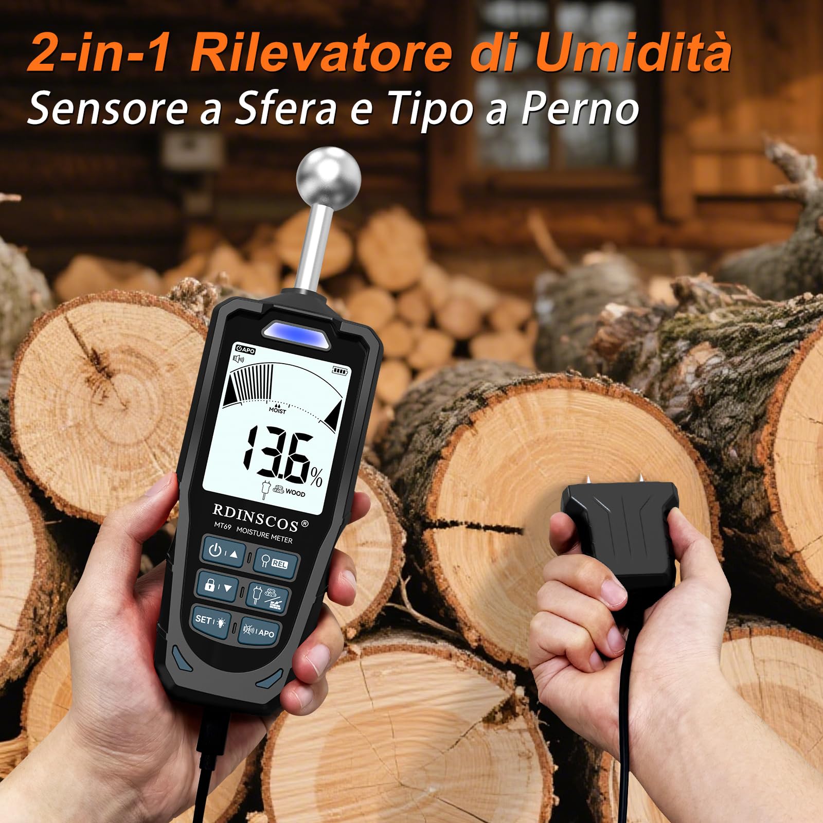 RDINSCOS Tester di umidità 2 in 1 con sonde sferiche e aghi – Umidità metro per legno, muri, calcestruzzo e gesso, schermo LCD, rilevamento 20-40 mm, allarme sonoro
