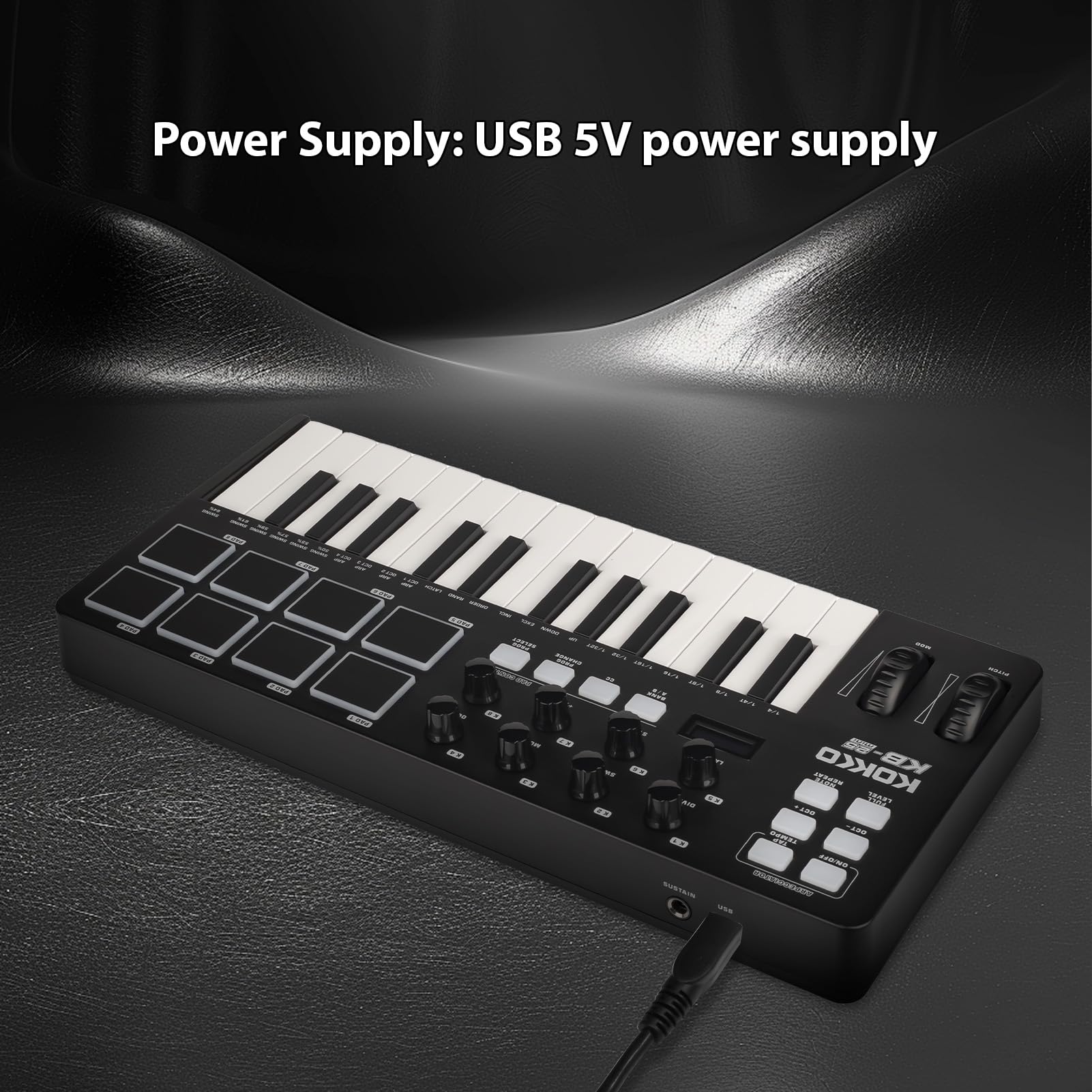 Controlador de teclado MIDI Beat Maker Machine Teclado MIDI de 25 teclas Pad de arreglos portátil Perillas asignables MIDI Botones Faders Fuente de alimentación USB de 5 V para producción music
