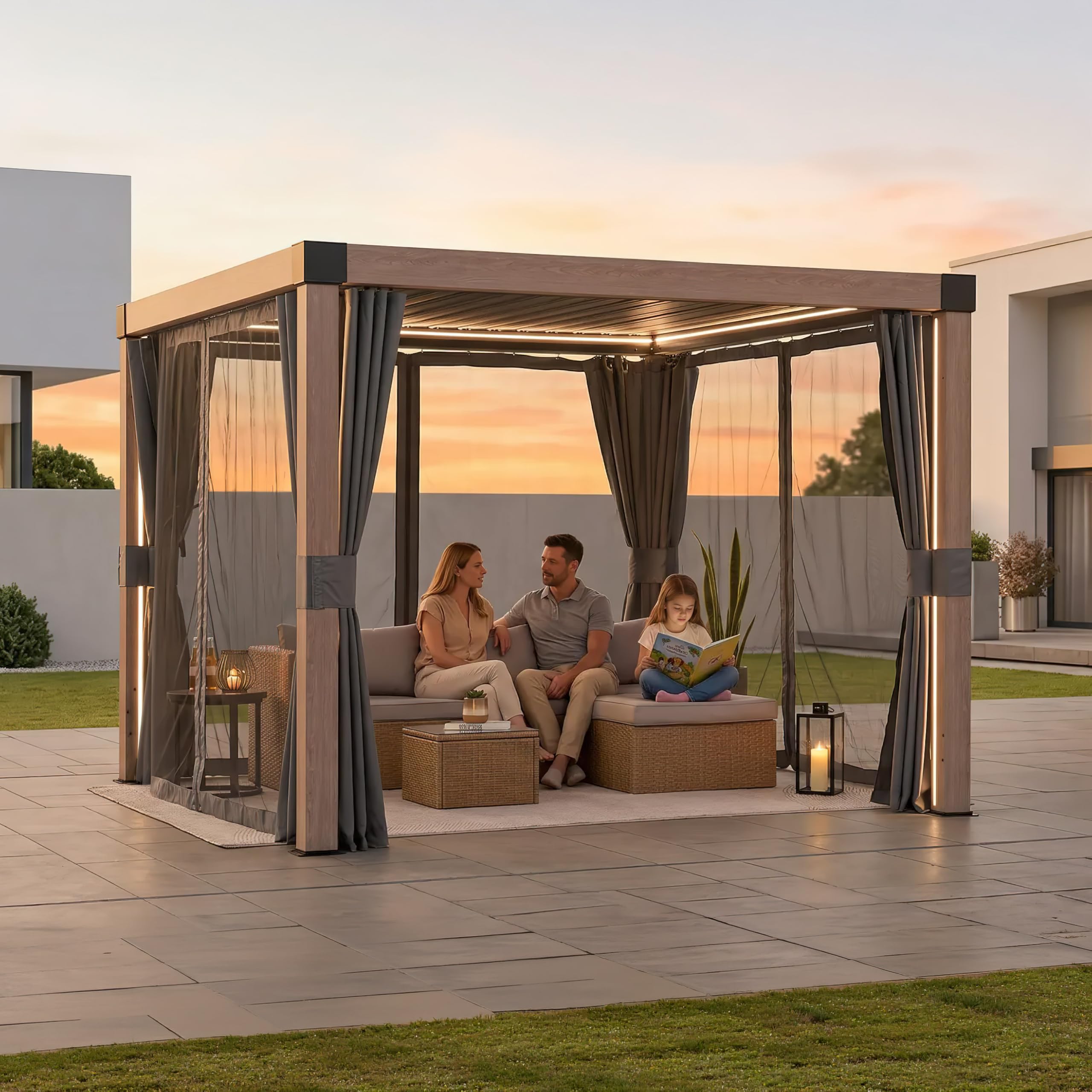 SUNJOY Pergola Ogrodowa 3x3m z zasłonami i siatką przeciwkomarową, Aluminiowa Altana Lamelowa Całoroczna, Ruchomy Dach z Regulacją Kąta, Solidny Pawilon Tarasowy, Efekt drewna