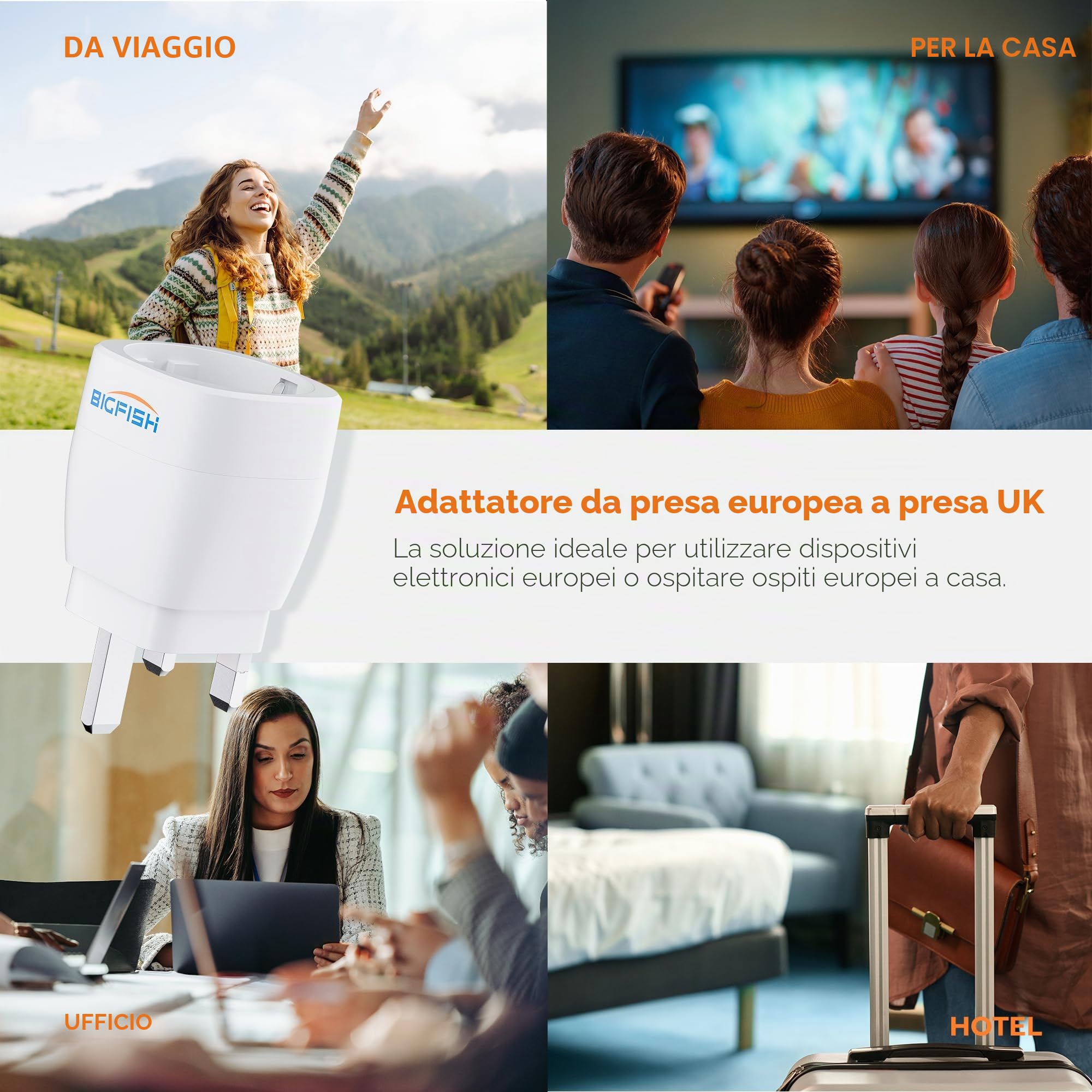Bigfish Adattatore Presa Inglese 2 Pezzi UK Tipo G UE a Inghilterra