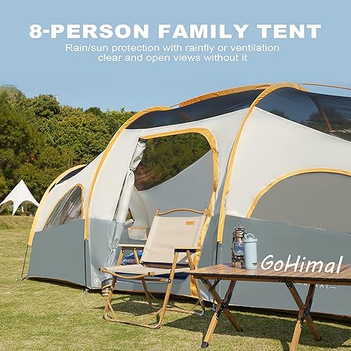 Miniatura 6 de GoHimal 8 Person Tent for Camping, Waterproof Windproof Family Tent with Rainfly, Divided Curtain Design for Privacy Space, Portable with Carry Bag