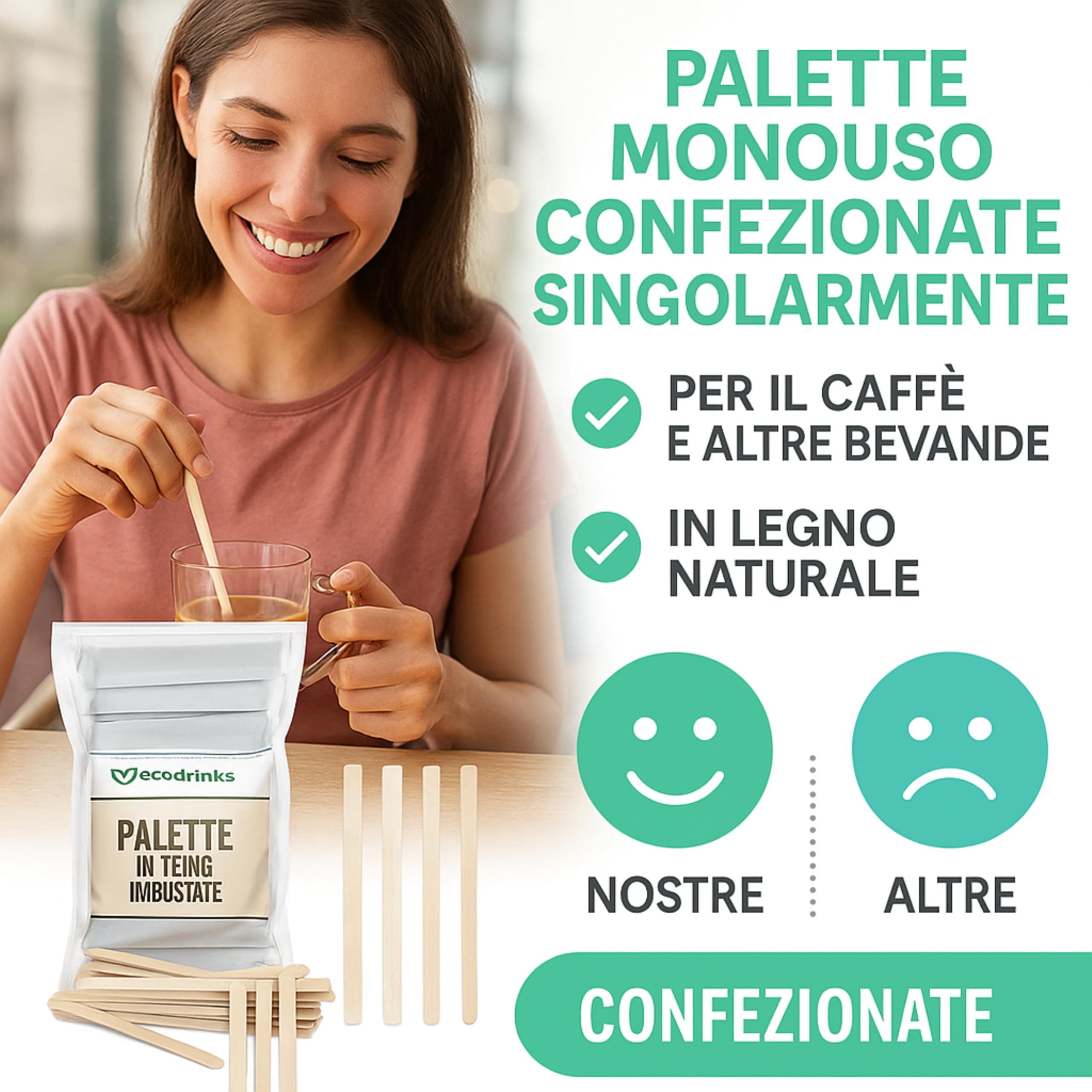 Palette Caffè Monouso Bastoncini di Legno di Betulla Biodegradabili 9 cm