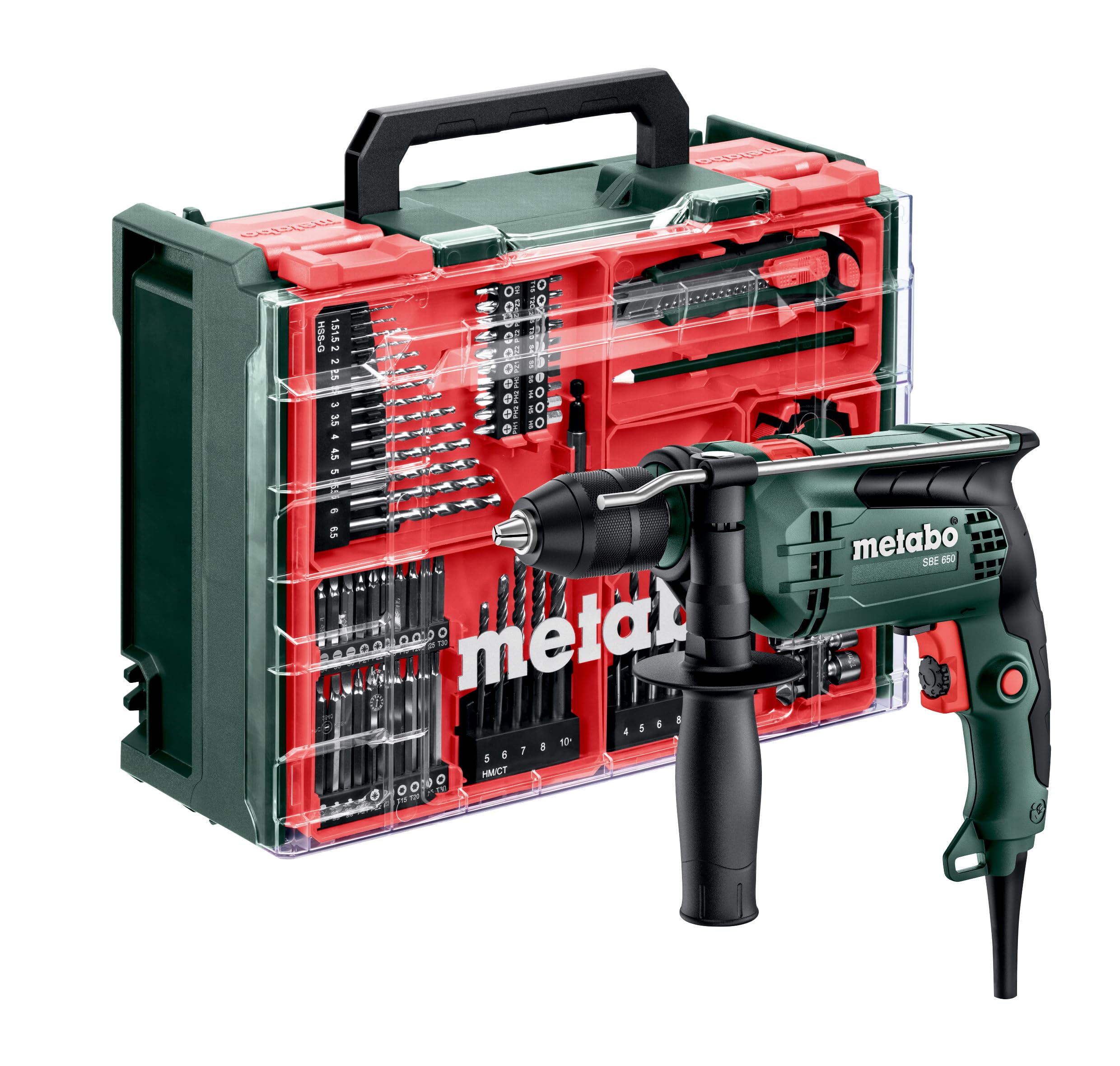 TALADROS DE PERCUSIÓN (R+L: GIRO A DCHA. E IZQDA.) SBE 650 Set | Mobiler Werkzeugkoffer inklusive Bohrerset und Bits, Rechts-Links-Lauf, V-Elektronik, 1.5-13 mm Bohrfutter, 1.8 kg
