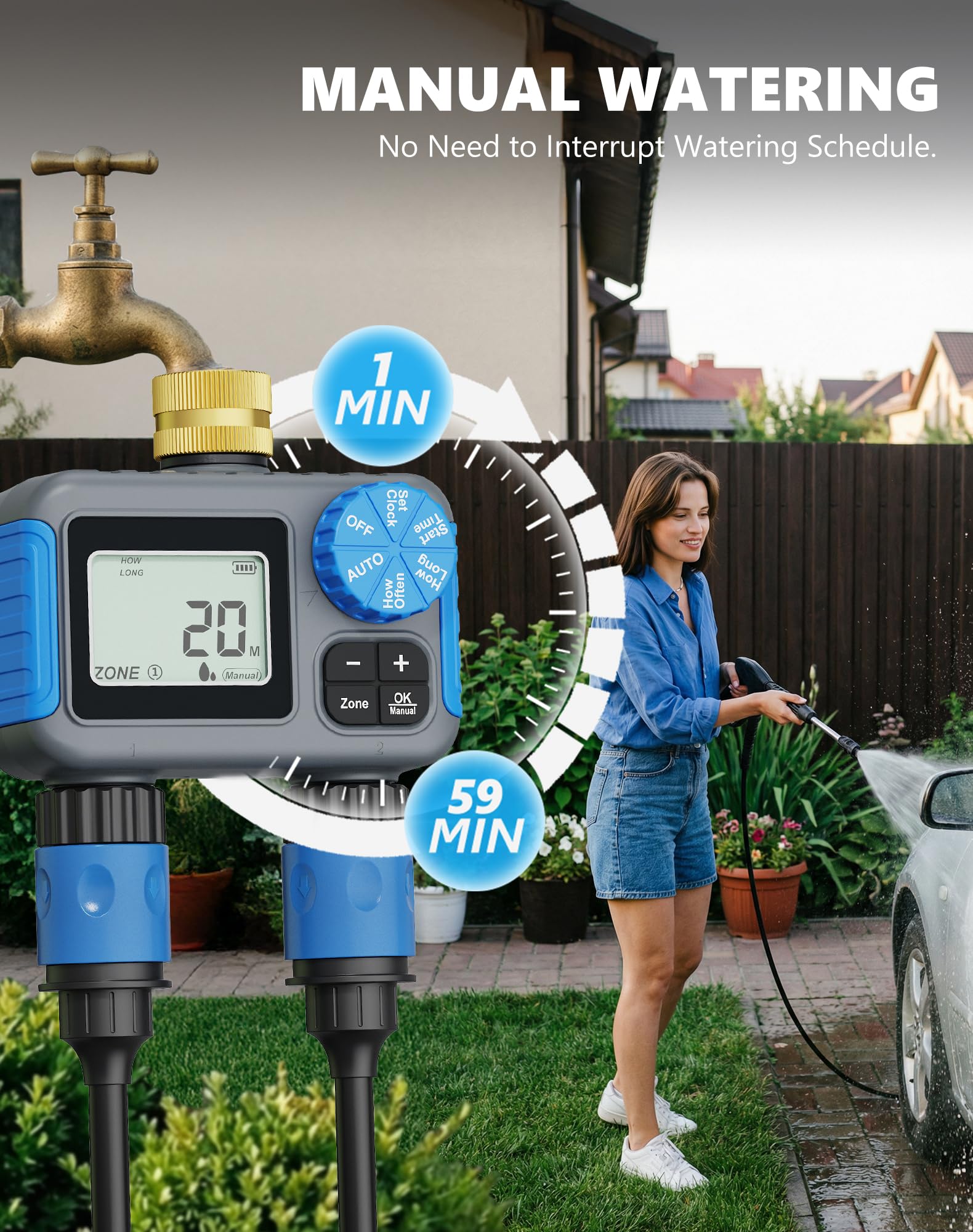Timer irrigatore con rotazione in ottone, timer per tubo a 2 zone per irrigazione, timer digitale per irrigazione con ritardo pioggia e modalità manuale, sistema di irrigazione automatico per