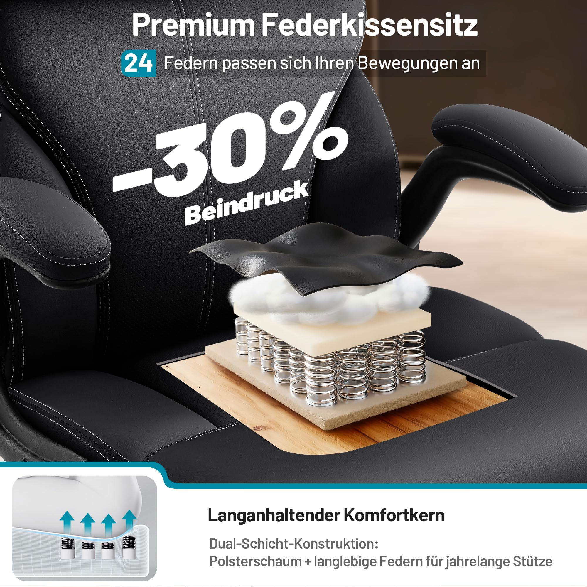 Ergonomischer Chefsessel aus PU-Leder mit Armlehnen, Schwarz | belastbar bis 180 kg , Hohe stabile Rückenlehne, höhenverstellbarer Drehstuhl mit Rollen, optimal für Büro & Homeoffice