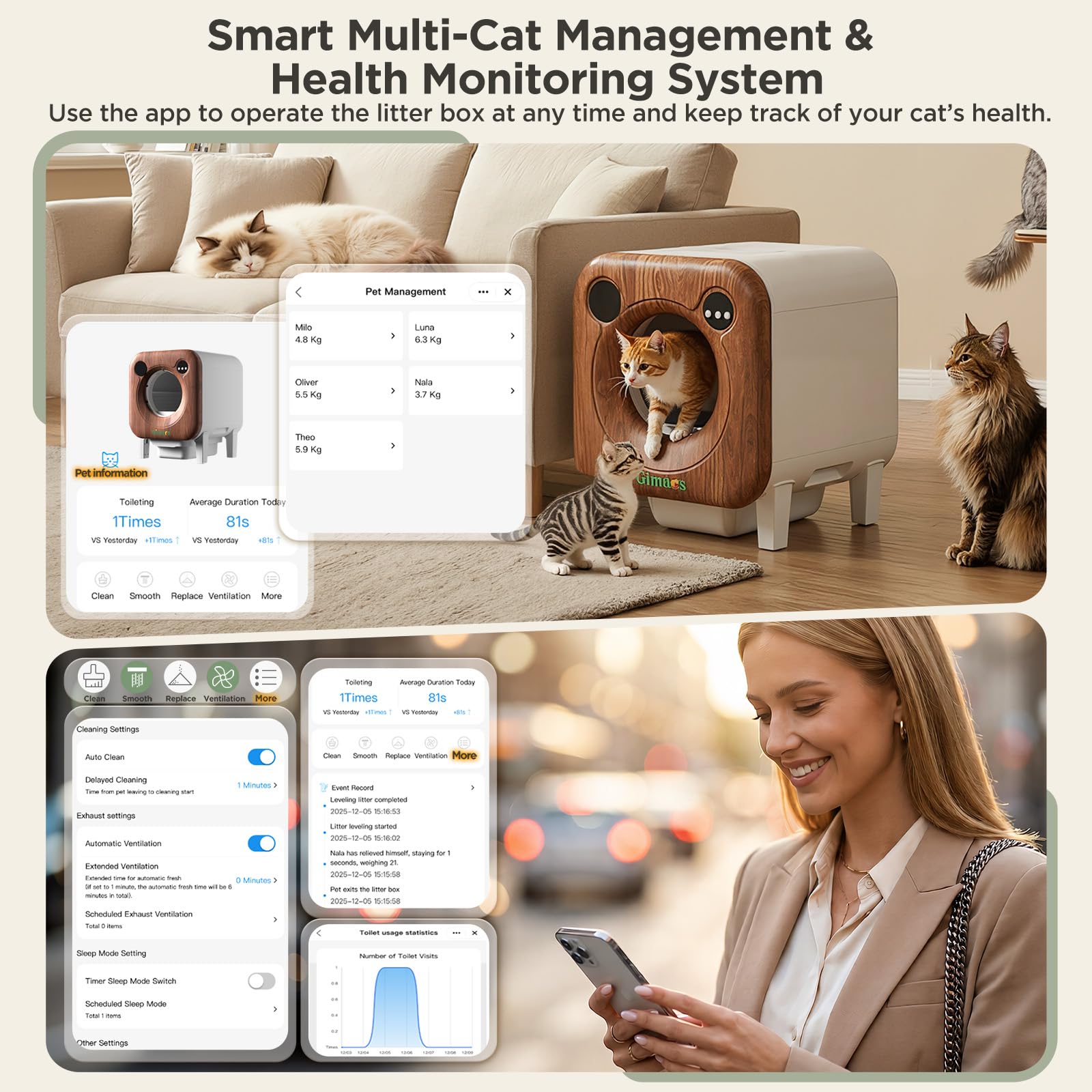 Gimars Litière pour Chat XXL 90 L Anti-pincement avec contrôle par Application, bac à litière Automatique pour Chat avec Tapis, Sacs poubelles et marchepied, Triple capteurs et contrôle des odeurs