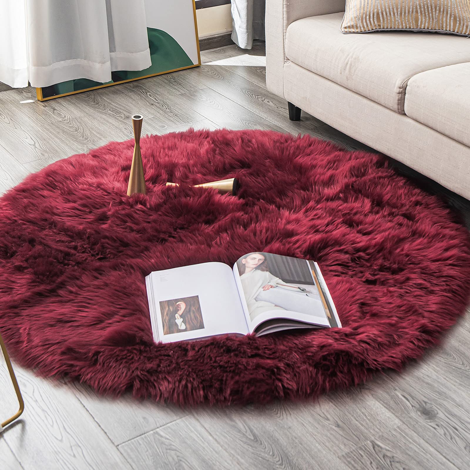 Tapis rond fausse fourrure bordeaux Carvapet anti-sol froid pour chambre