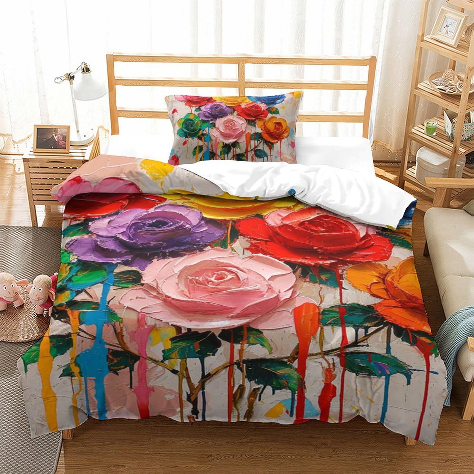 Housse de couette roses 3D microfibre parure de lit 135x200 avec taie d'oreiller