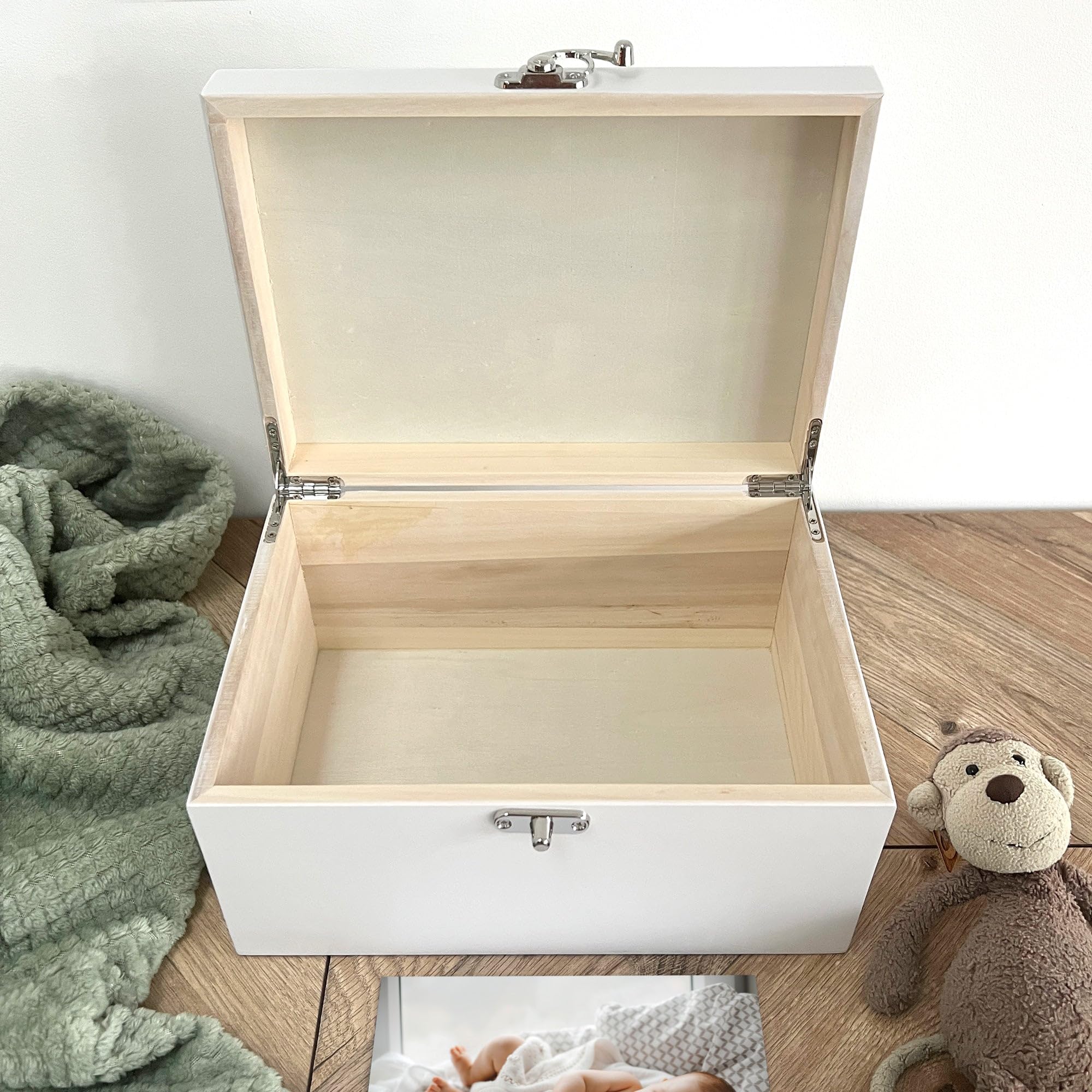 Caja de recuerdos personalizada de madera blanca con animales de la selva | Baby Shower, nuevo bebé | 27 x 19 x 14 cm