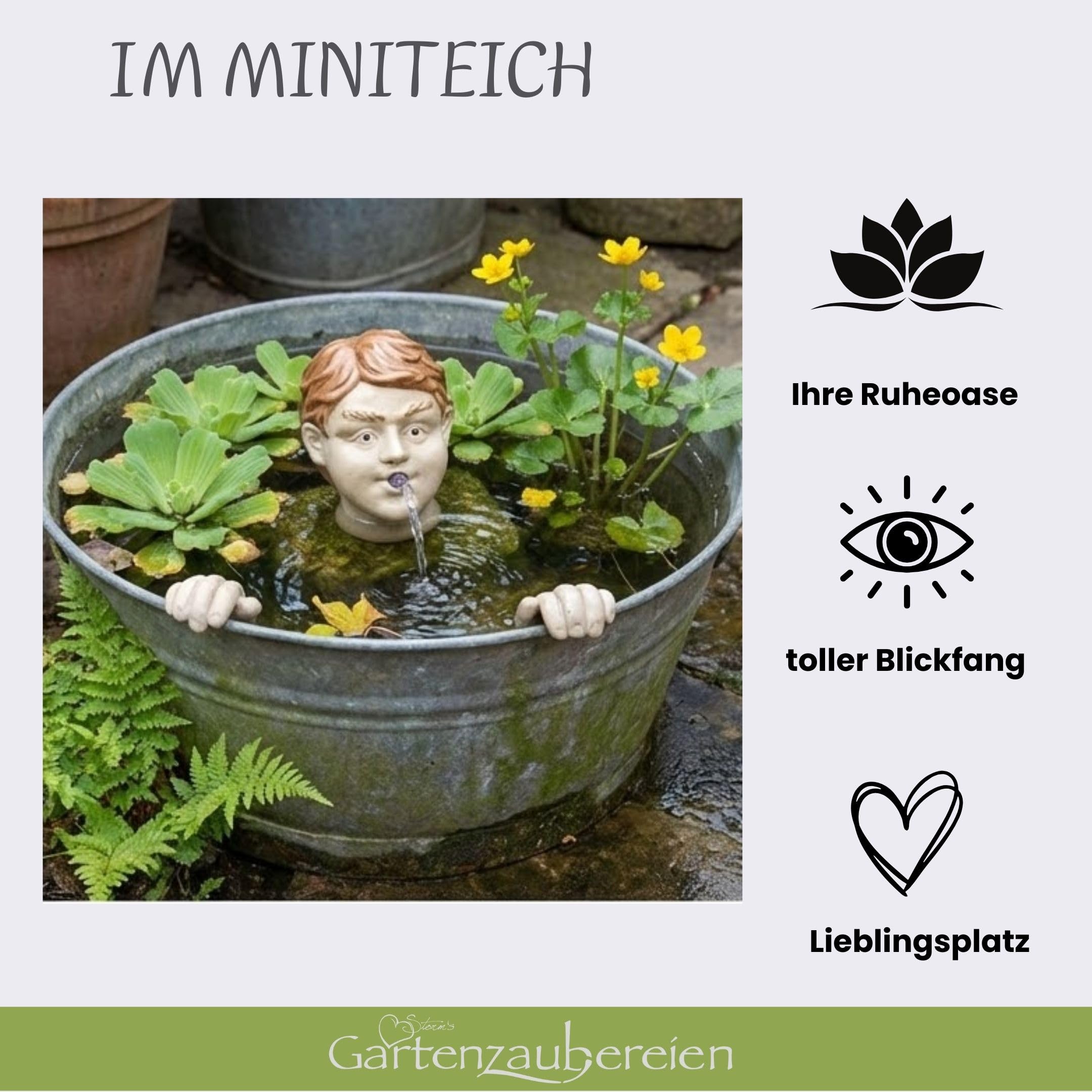 Storm's Gartenzaubereien Wasserspeier Kopf mit Händen Solar mit Akku Pumpe - Keramik Teichfigur fürMiniteich - Wasserspiel Garten Deko Gesicht - Set mit 6,5W Solarmodul