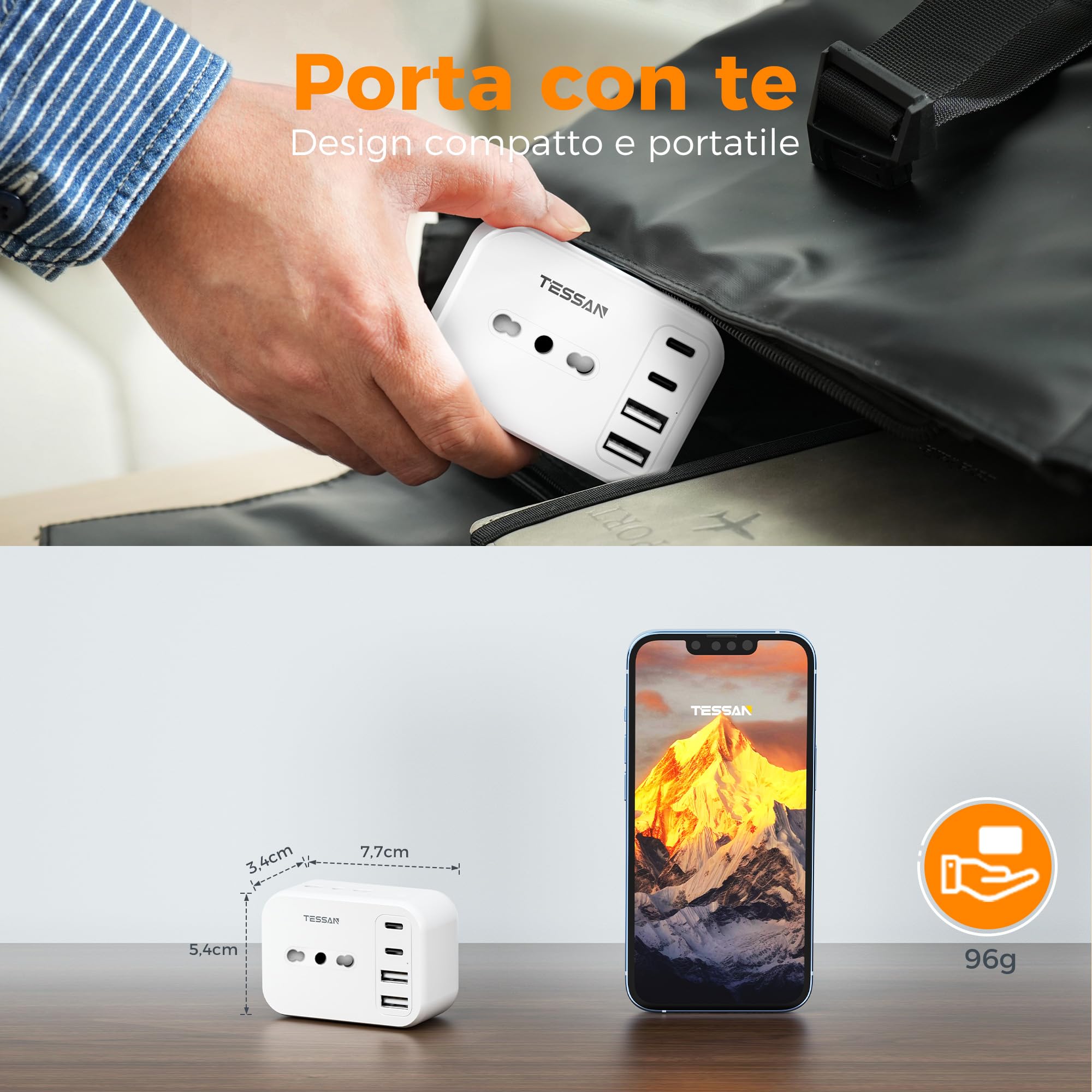 TESSAN 7 IN 1 Presa Multipla Salvaspazio da 13A, Multipresa con 4 Porte USB | Multipresa da Parete con 2 USB C e 2 USB A, 3250W Caricabatterie USB, Tripla Presa da Muro per Casa, Dormitorio, Ufficio