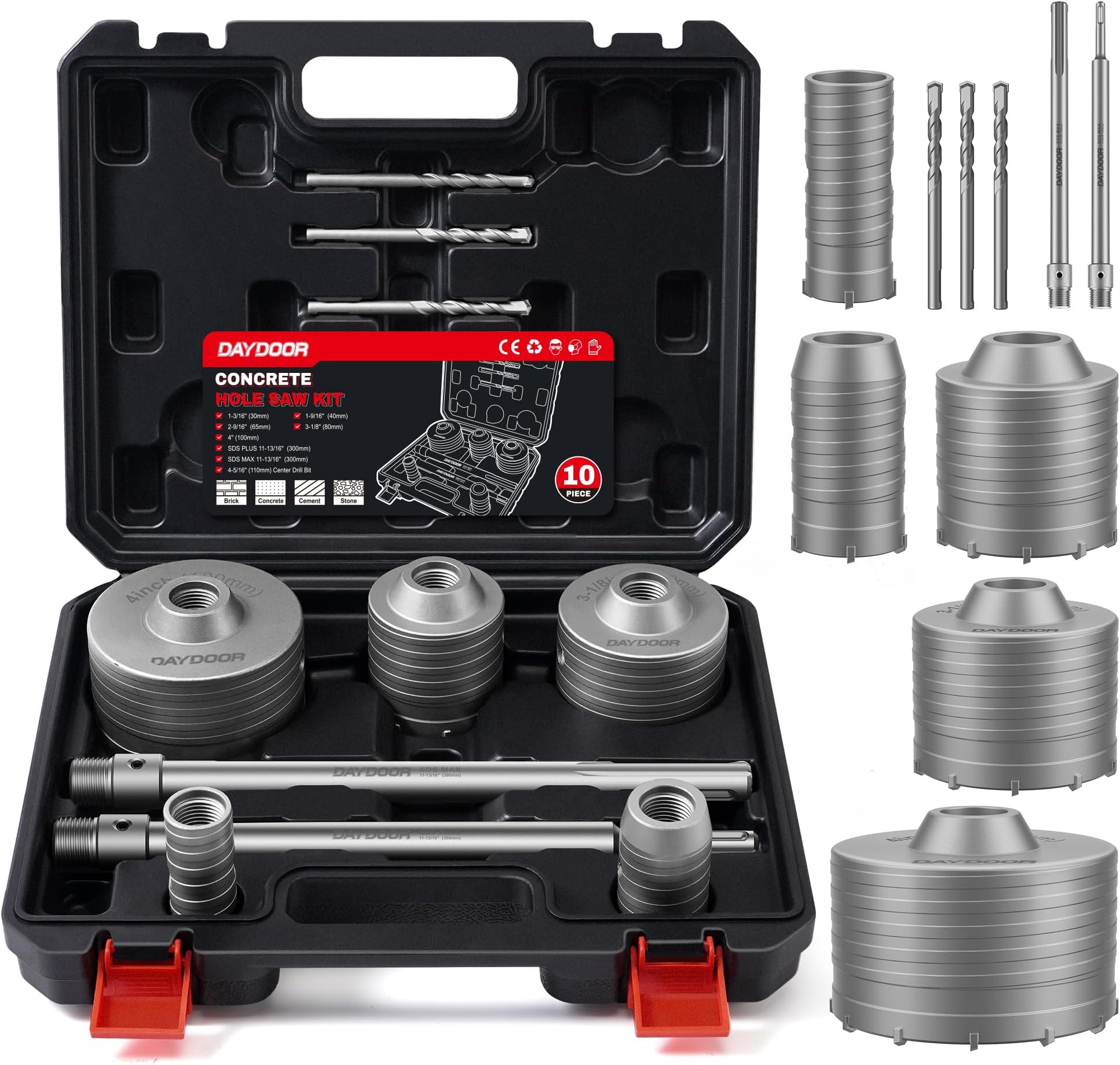 DAYDOOR Concrete Hole Saw Kit, 10-Piece Masonry Hole Saw Kit SDS Plus & SDS Max Shank Adapter, 1-3/16", 1-9/16", 2-9/16", 3-1/8", 4" Core Drill Bits Set for Brick, Cement Wall, and Stone