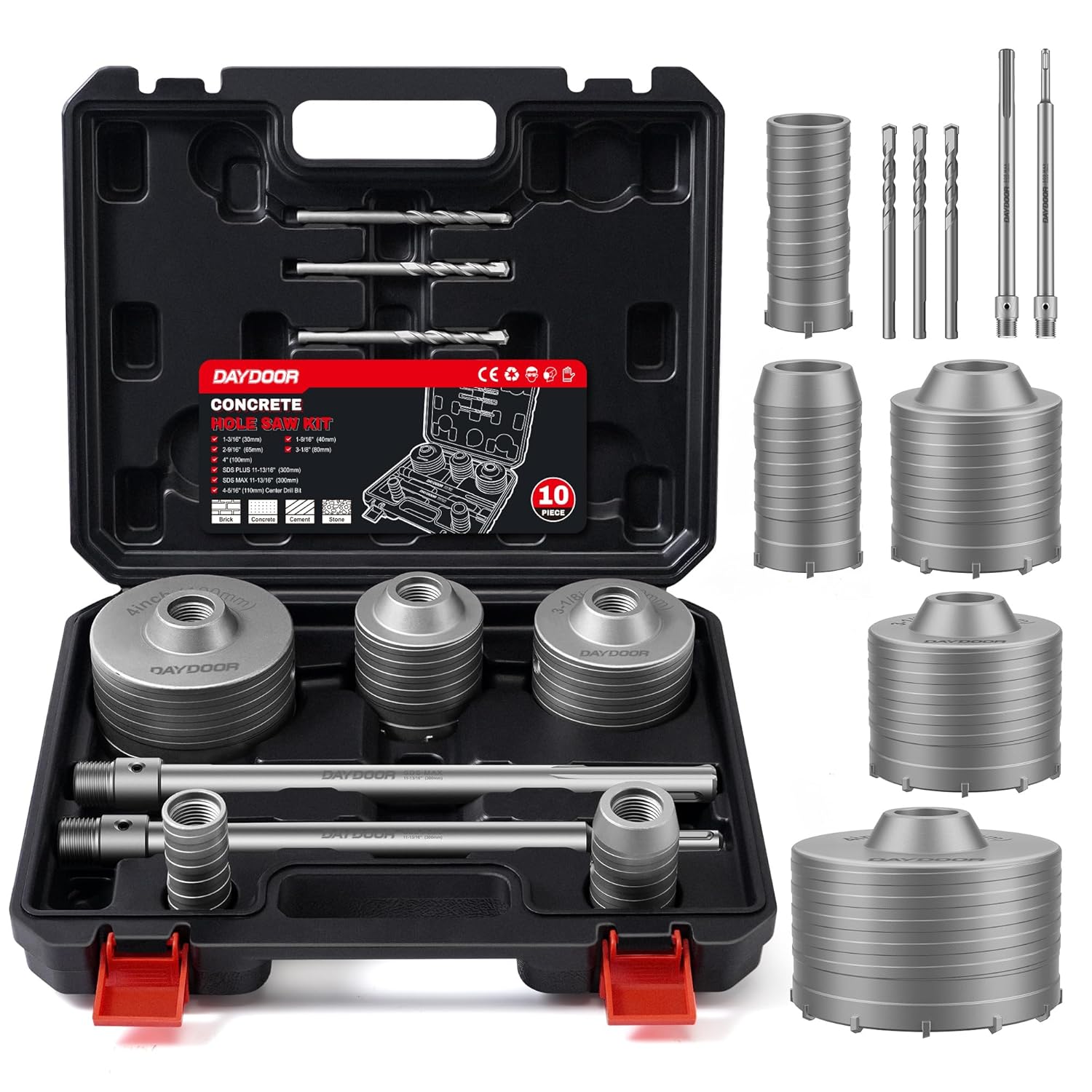 DAYDOOR Concrete Hole Saw Kit, 10-Piece Masonry Hole Saw Kit SDS Plus & SDS Max Shank Adapter, 1-3/16", 1-9/16", 2-9/16", 3-1/8", 4" Core Drill Bits Set for Brick, Cement Wall, and Stone