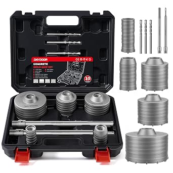 DAYDOOR Concrete Hole Saw Kit with SDS Plus&SDS MAX Shank, 10-Piece | Includes 1-3/16", 1-9/16", 2-9/16", 3-1/8", 4" Concrete Core Drill Bits for Brick, Cement Wall, and Stone