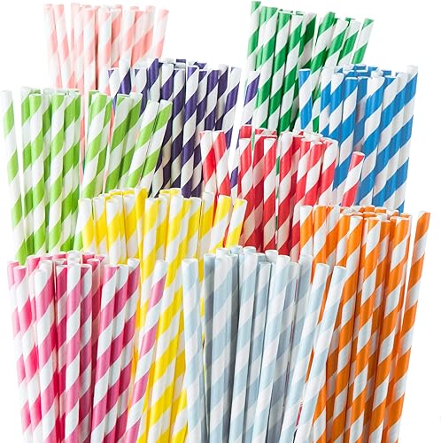 Pajitas de papel desechables – Paquete de 200 – Pajitas de papel a rayas duraderas y no se empañan para beber en 10 colores – 100% biodegradables y