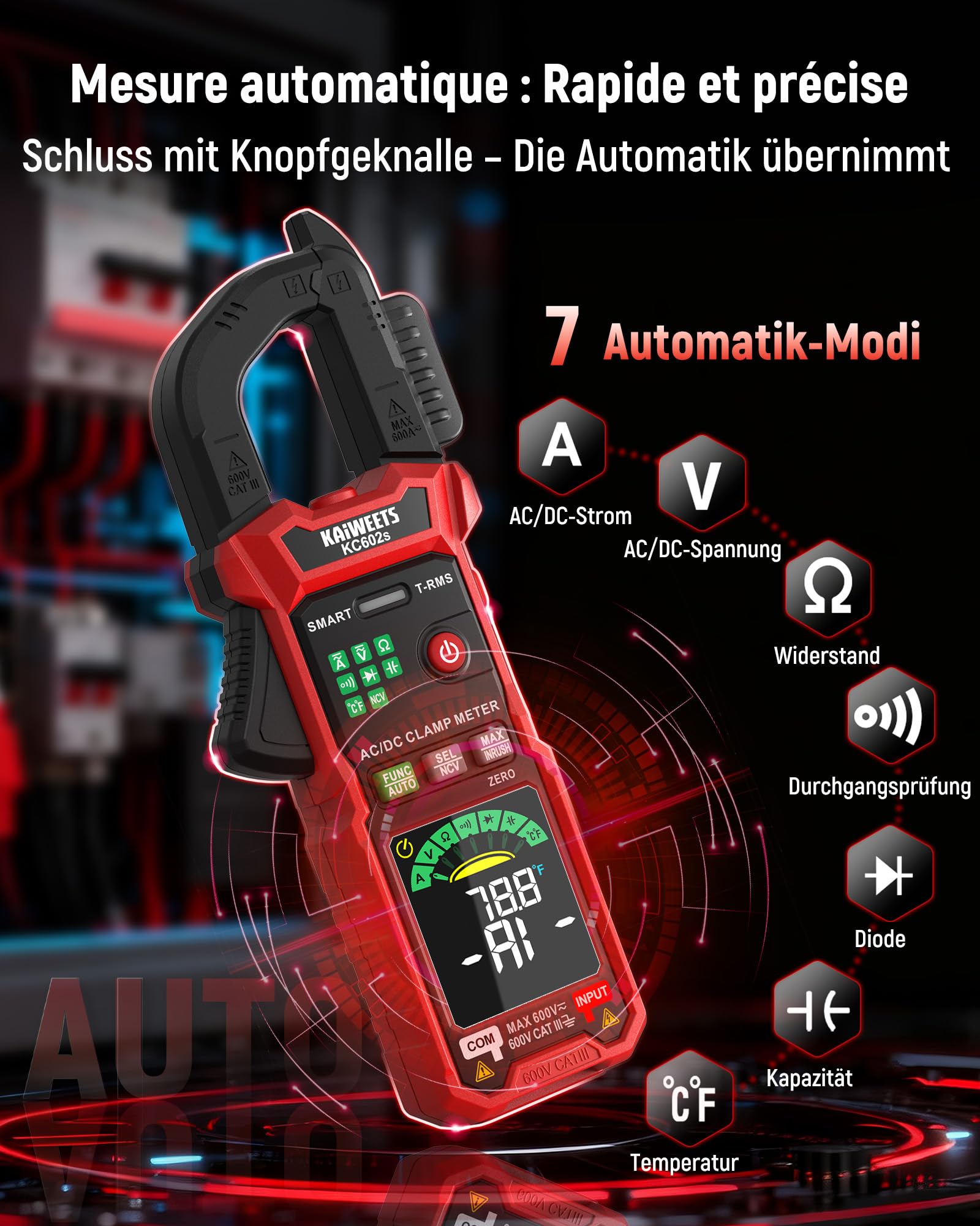 KAIWEETS Stromzange 600A TRMS, Digitale Strommesszange mit Auto-Messung, 6000 Counts, AC/DC Strom & Spannung, NCV, Einschaltstrom, Widerstand, Kapazität, Temperatur, Dioden- & Durchgangsprüfung