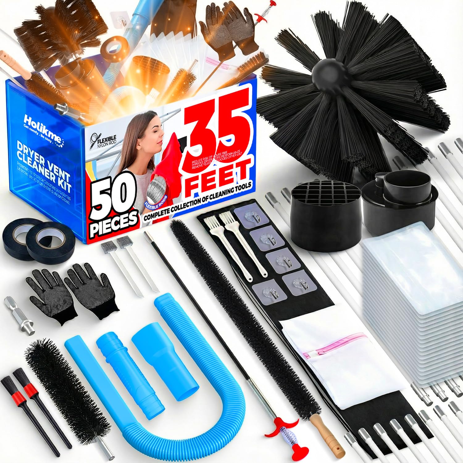 Holikme 50 Pieces 35 Feet Dryer Vent Cleaner Kit, Dryer Cleaning Tools, Include Dryer Vent Brush, Omnidirectional Blue Dryer Lint Vacuum Attachment, Dryer Lint Trap Brush, Vacuum & Dryer Adapters