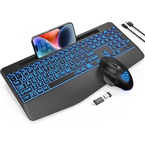 Wireless Keyboard and Mouse Backlits, Wrist Rest, LED Mouse, Rechargeable Ergonomic Keyboard with Phone Holder, Silent Light Up Combo for Computer, Mac, PC, Laptop, Chromebook (Black Large Print)