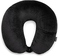 Brookstone Microbead Travel Neck Pillow - Lightweight Plush U-Shaped with Phone Headphone Pocket, Black