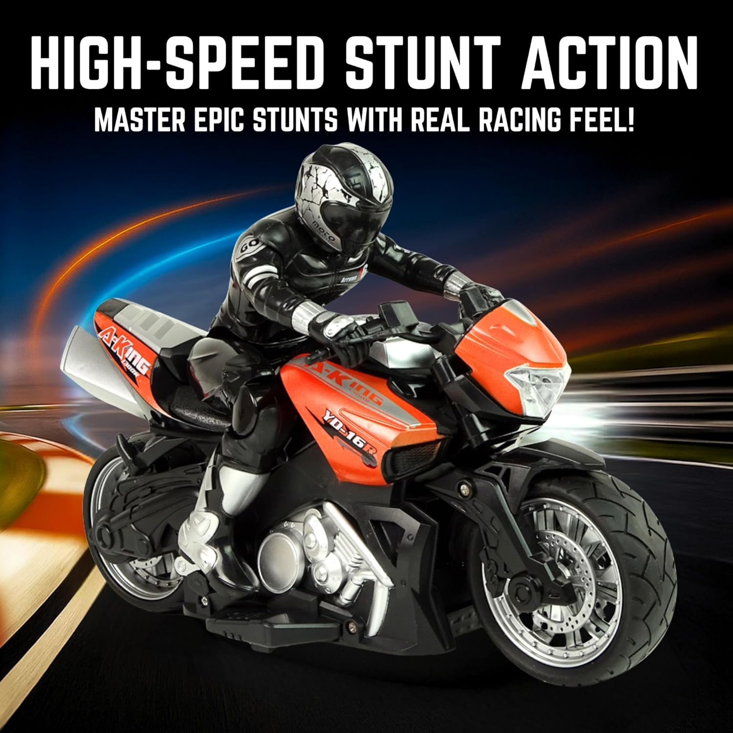 Liberty Imports 2.4G RC Remote Control Stunt Motorcycle with Riding Figure, 1:10 Scale High Speed Cross Country 360 Degree Rotation Drift Shockproof Racing Motorbike (Orange)