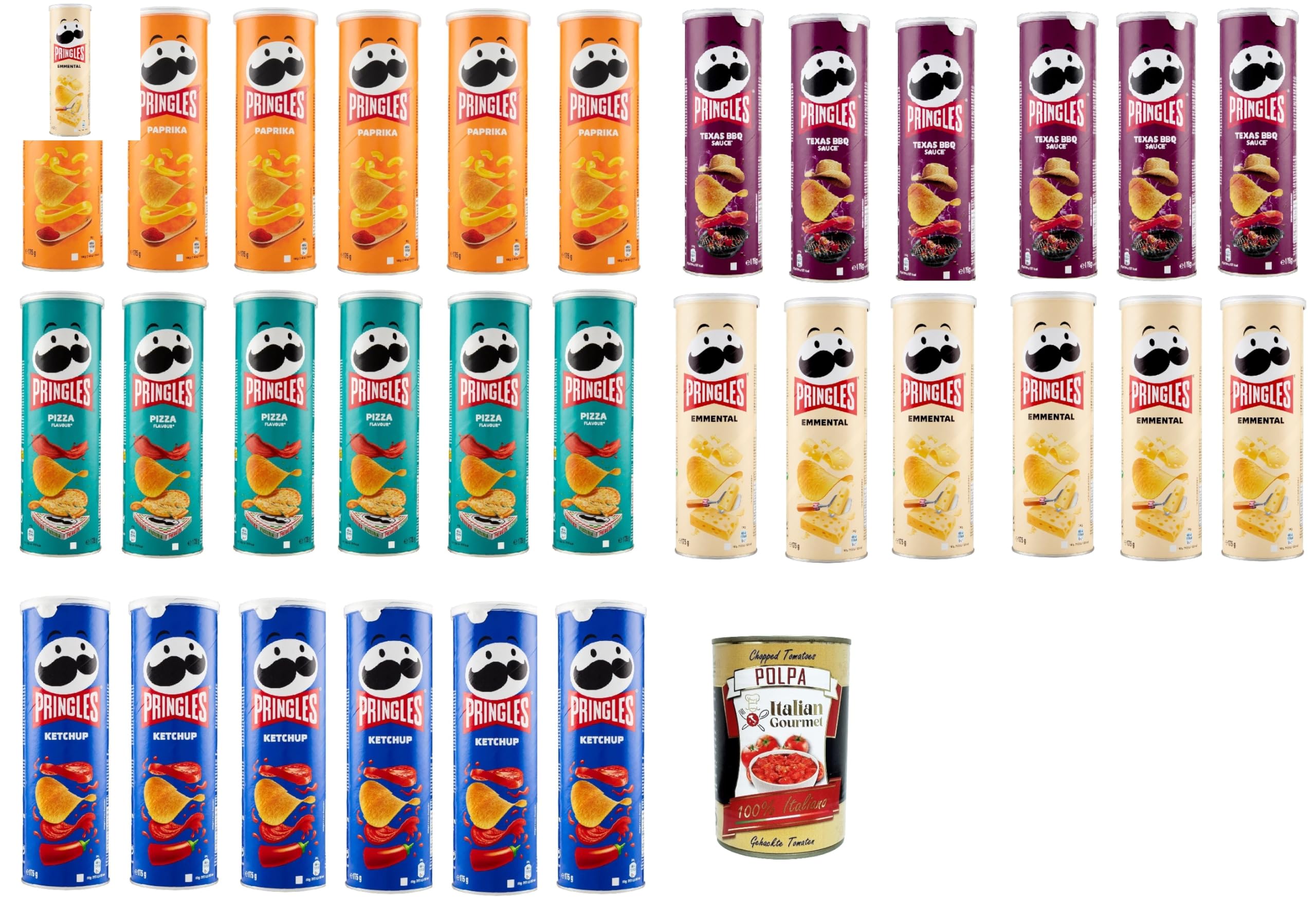Italian Gourmet Testpaket patatine chips Party-Dose Snack 30 x 175g | Croccanti per aperitivo e feste, einzeln verpackt, salziger Genuss für, Gesamtnettogewicht 5,25 kg + Kostenlos Polpa 400g