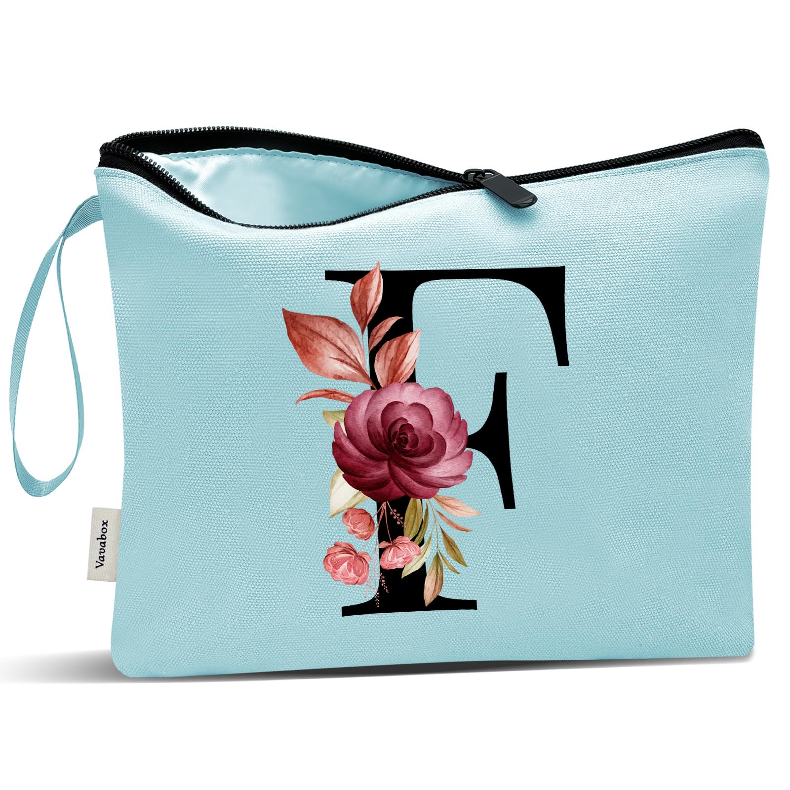 Vavabox A-Z Personalized Makeup Bag, Birthday Gifts for Women Mom, Gifts for Best Friend, Bride Bridesmaid Cosmetic bag (F, Aqua)