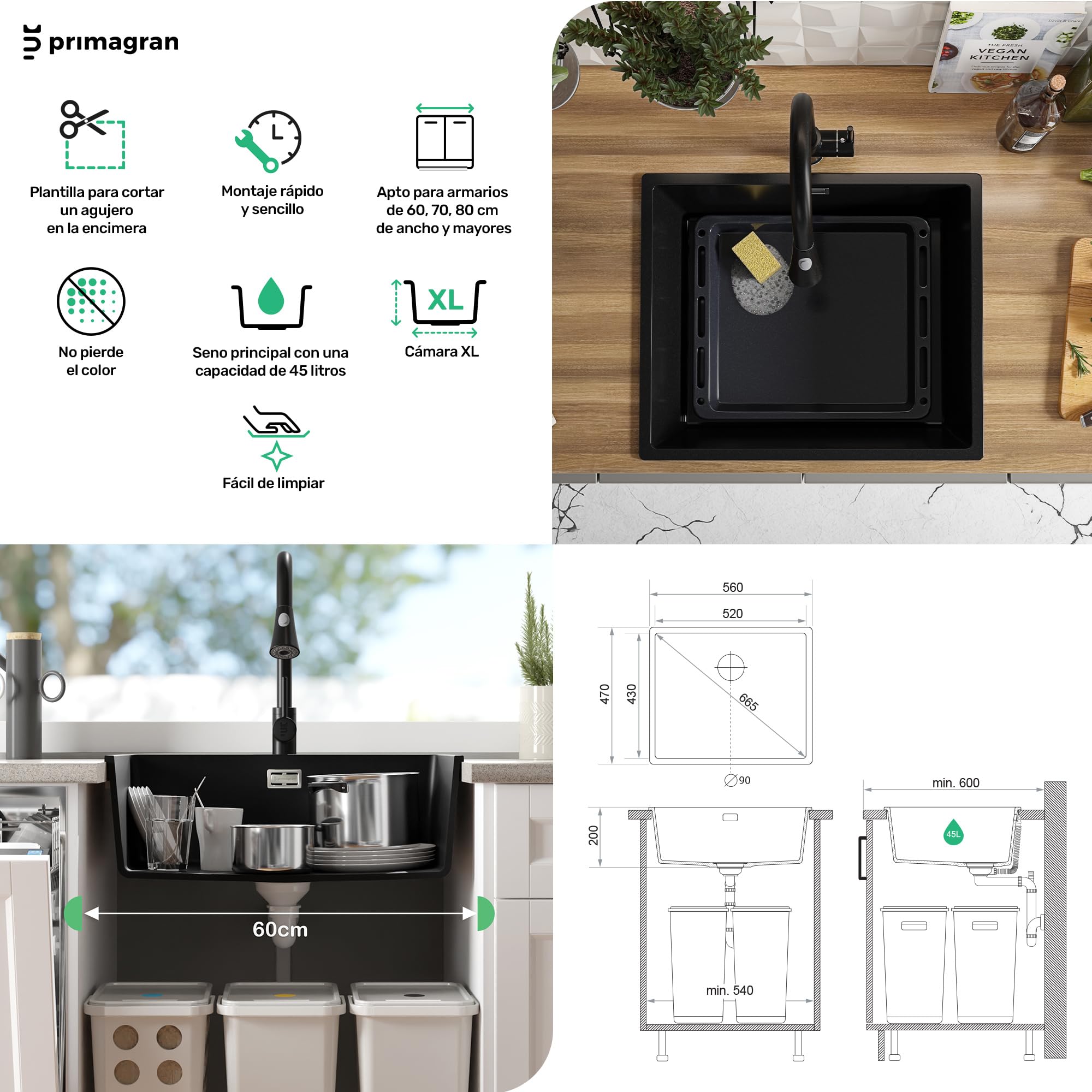 PRIMAGRAN Fregadero Cocina Todo Blanco - London Slim, 56x47cm | Granito 1 Seno + Sifón, sobre Encimera al Mueble 60cm (S304)