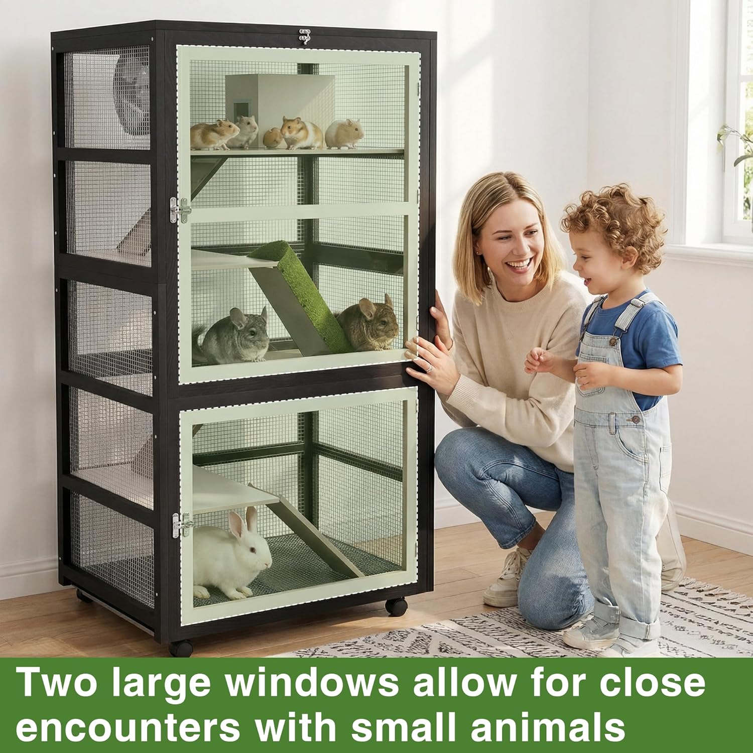 5-Tiers Small Animal Critter Cage Large Ferret Cage 55''H Chinchilla Cage with Easy-Clean Removable Tray, Hamster Wheel, Tunnel, House, Ramp & Cover, Lockable Wheels, for Indoor & Outdoor