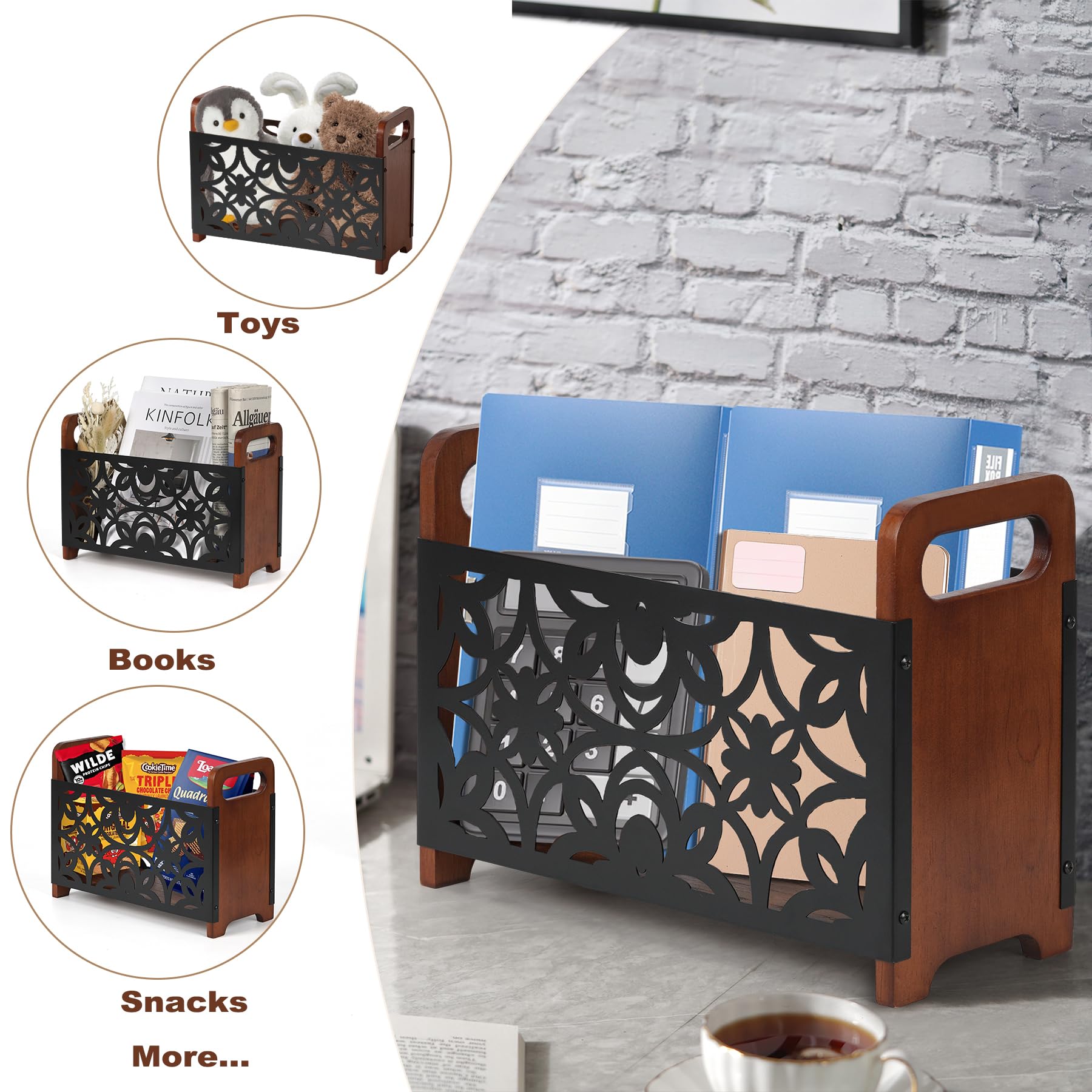 QILICHZ Magazine Holder,Wood Magazine Rack Floor,Rustic Magazine File Holder Organizer,Decorative Magazines Storage Basket for Books,Newspapers,Mails,Files
