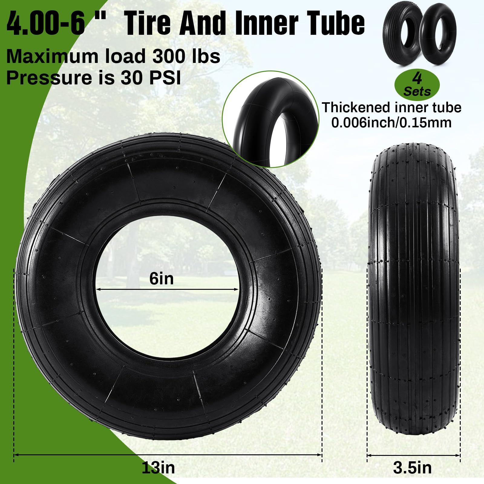 Datanly 4 Sets 13'' 4.00-6 Replacement Tire and Inner Tube Set Heavy Duty 4.00-6 Tire and Wheel with TR13 Straight Valve Stem and Ribbed Tire Treads, for Wheelbarrow Trolley Garden Wagon Wheels