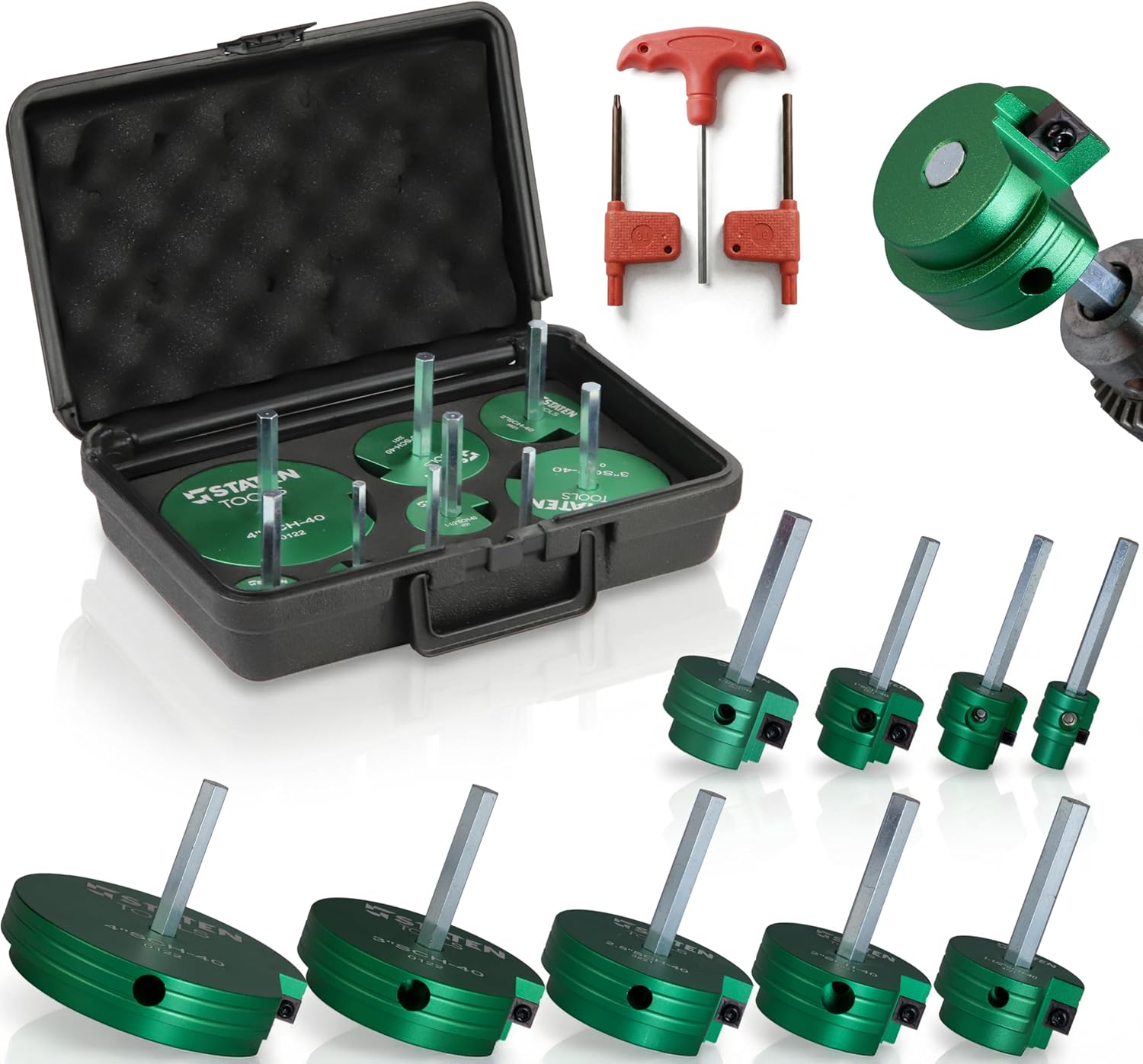 9-Piece PVC Pipe Reamer Kit for Plumbers & DIY Repairs, 1/2″–4″ Pipe Sizes, Heavy-Duty Aluminum PVC Fitting Saver, Carbide Inserts, Tool for Sch 40 PVC Pipes