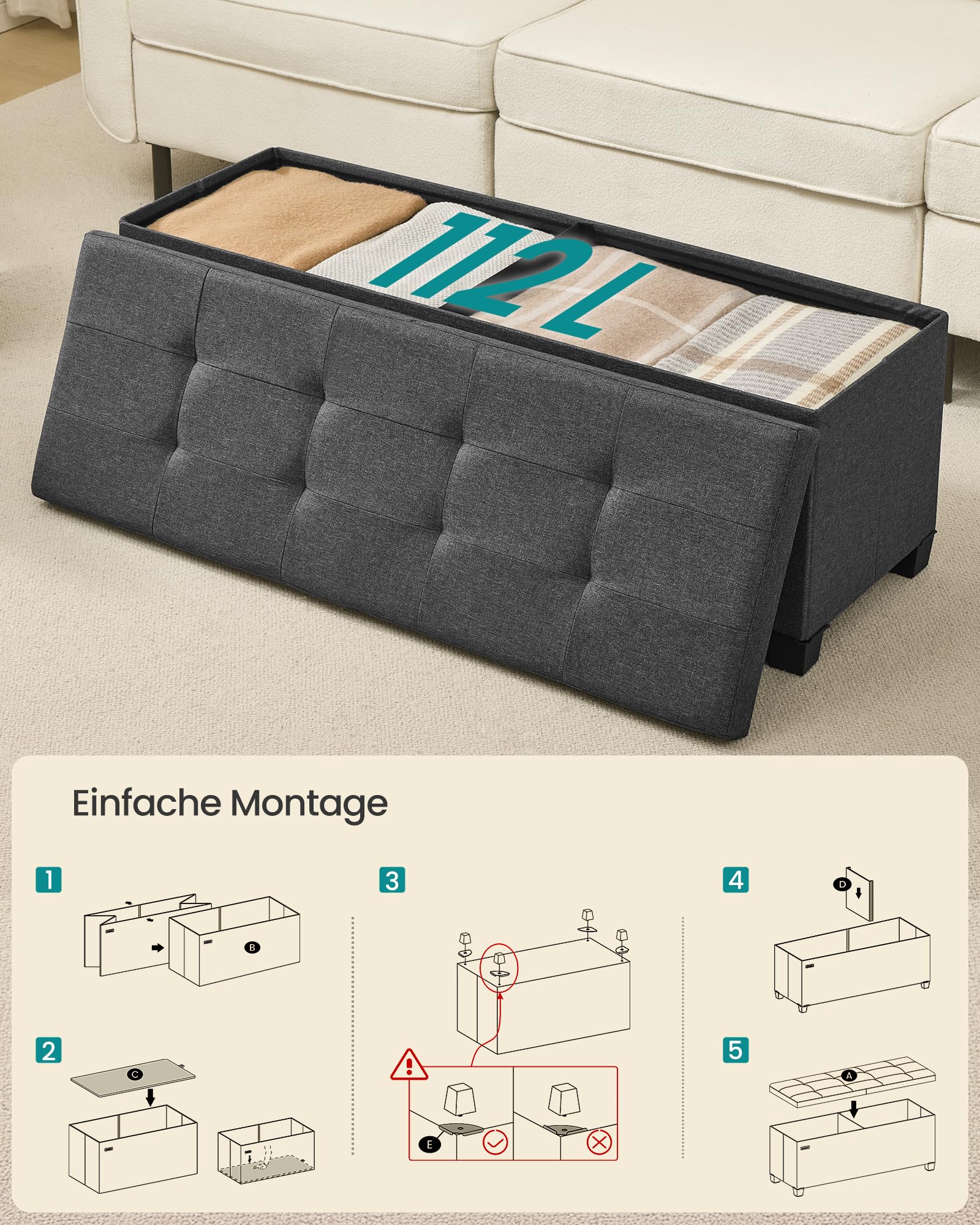 SONGMICS Sitzbank mit Aufbewahrung, mit Beinen, Aufbewahrungsbox, faltbar, mit klappbarem Deckel, Sitzbank, für Wohnzimmer, Schlafzimmer, Eingang, Stoff in Leinenoptik, 110 cm, Schiefergrau LSF079GN01