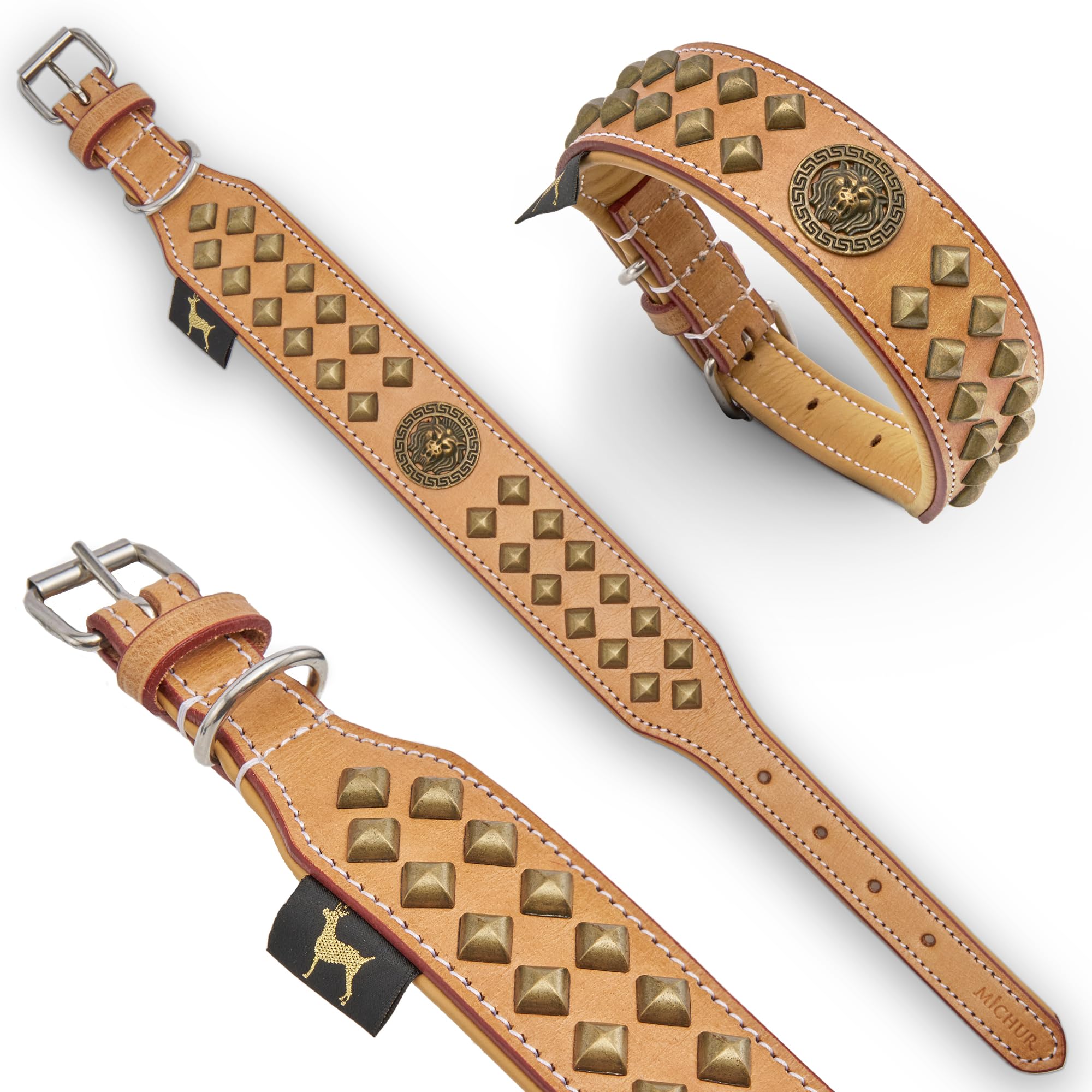 MICHUR Diego Hundehalsband Leder Beige | Lederhalsband, Löwenkopf Applikation, Flachnieten in Alt-Messing Optik, Braun Beige Gold, Verschiedene Größen erhältlich